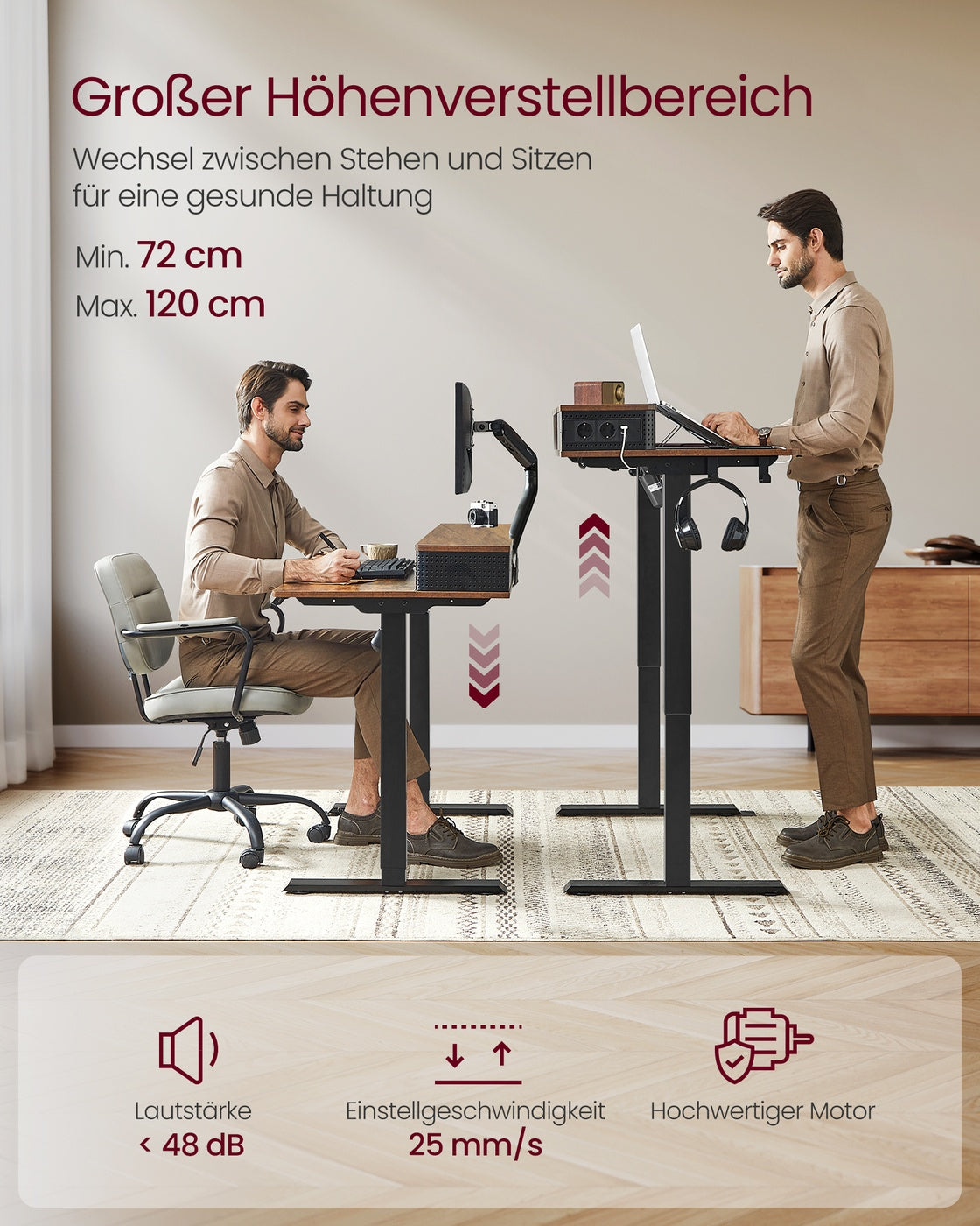 Höhenverstellbarer Schreibtisch elektrisch mit Monitorständer vintagebraun