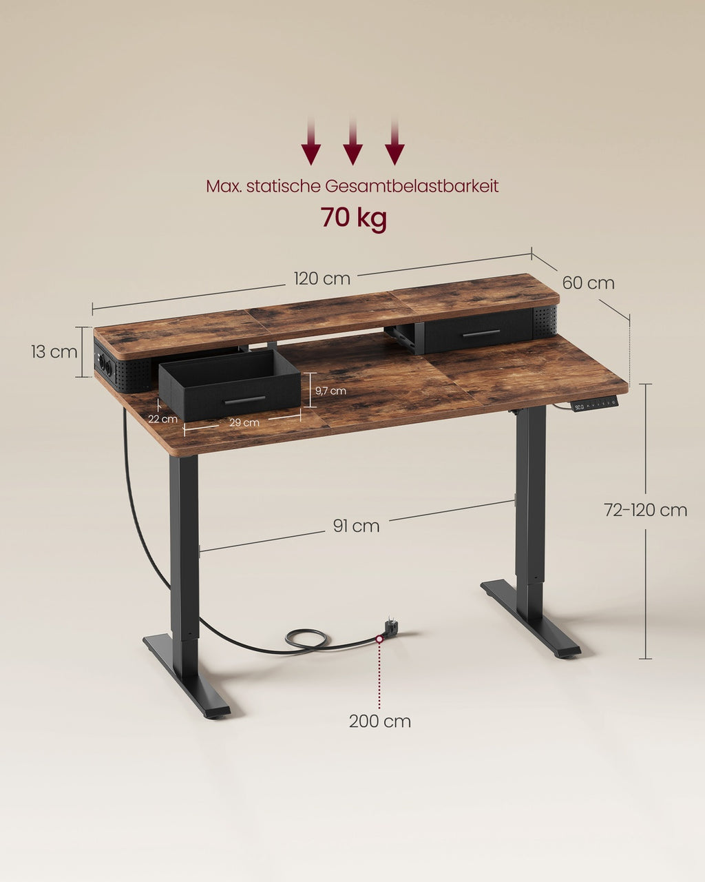 Höhenverstellbarer Schreibtisch elektrisch mit Monitorständer vintagebraun