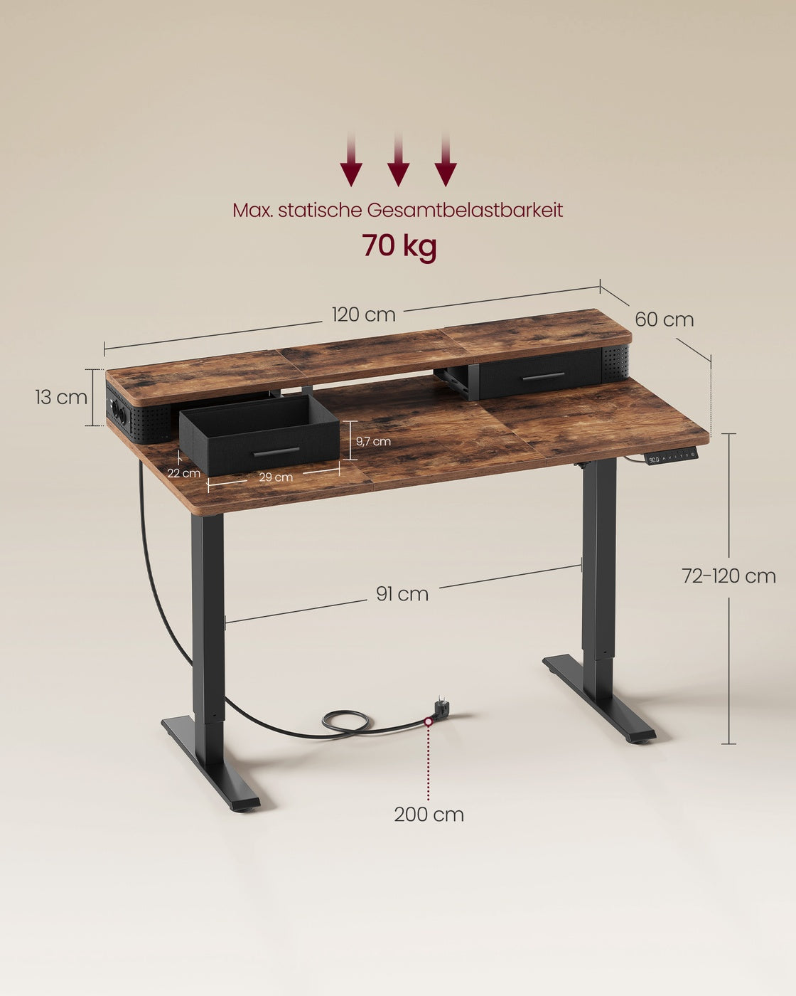 Höhenverstellbarer Schreibtisch elektrisch mit Monitorständer vintagebraun