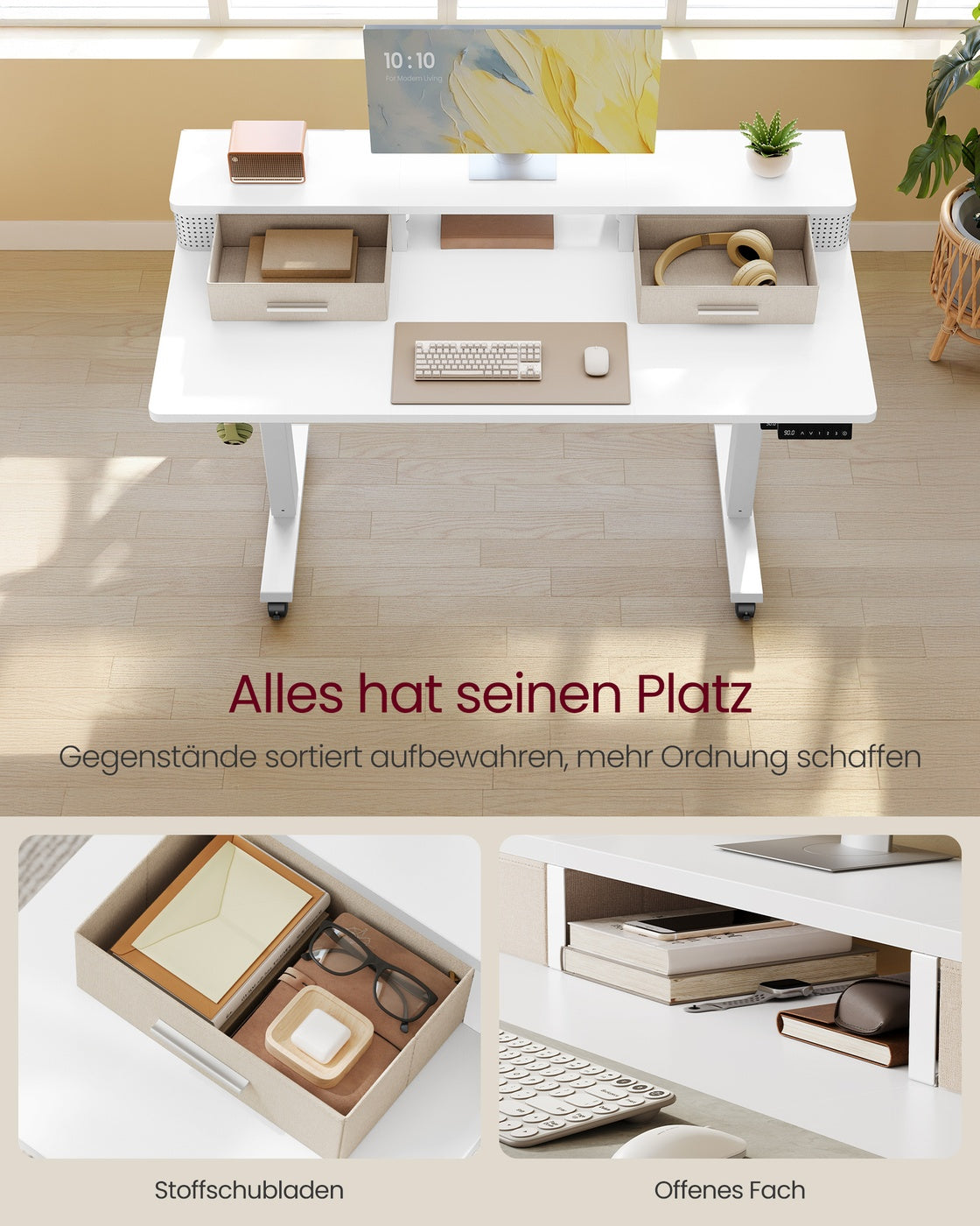 Schreibtisch höhenverstellbar mit Monitorständer wolkenweiß