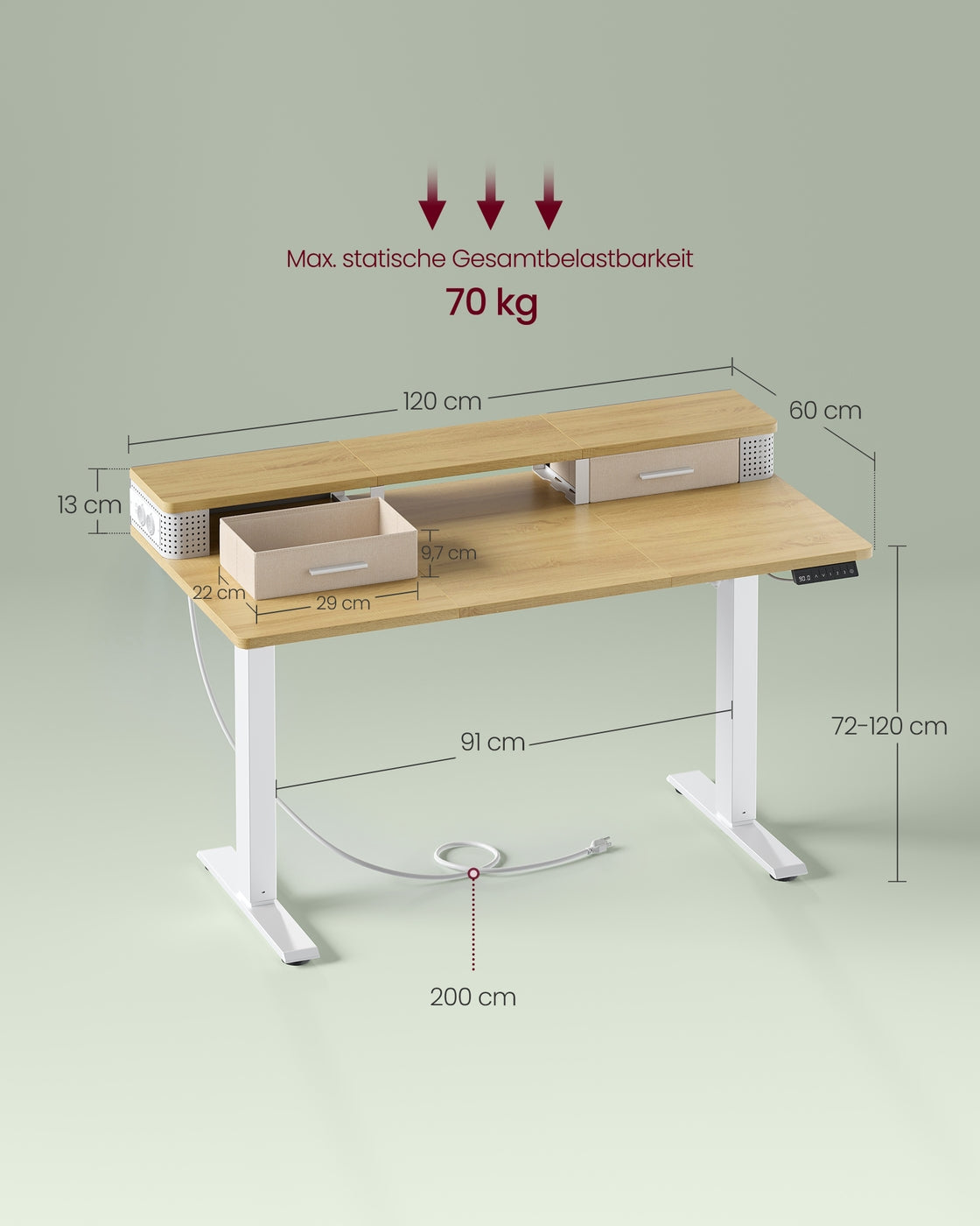 Schreibtisch höhenverstellbar und elektrisch 60 x 120 x (72-120) cm