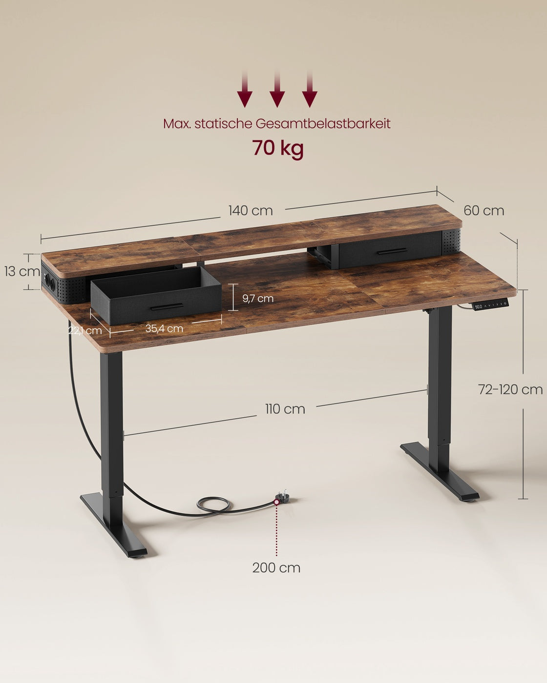 Schreibtisch Höhenverstellbar und elektrisch vintagebraun
