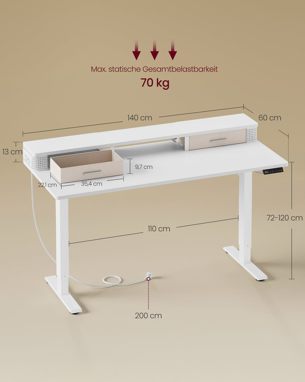 Schreibtisch Höhenverstellbar und elektrisch wolkenweiß