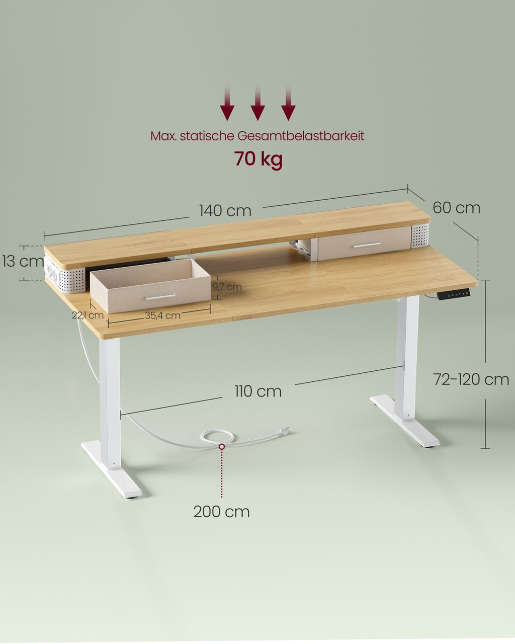 Schreibtisch höhenverstellbar und elektrisch 60 x 140 x (72-120) cm