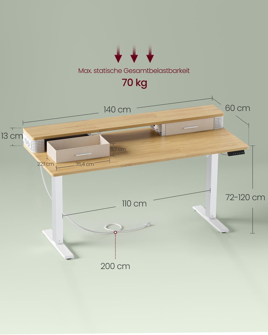 Schreibtisch höhenverstellbar und elektrisch 60 x 140 x (72-120) cm