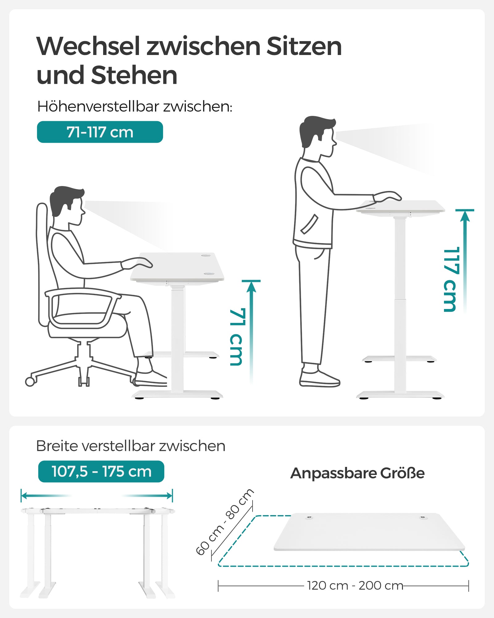 Höhenverstellbarer Schreibtisch elektrisch, 120 x 60 cm