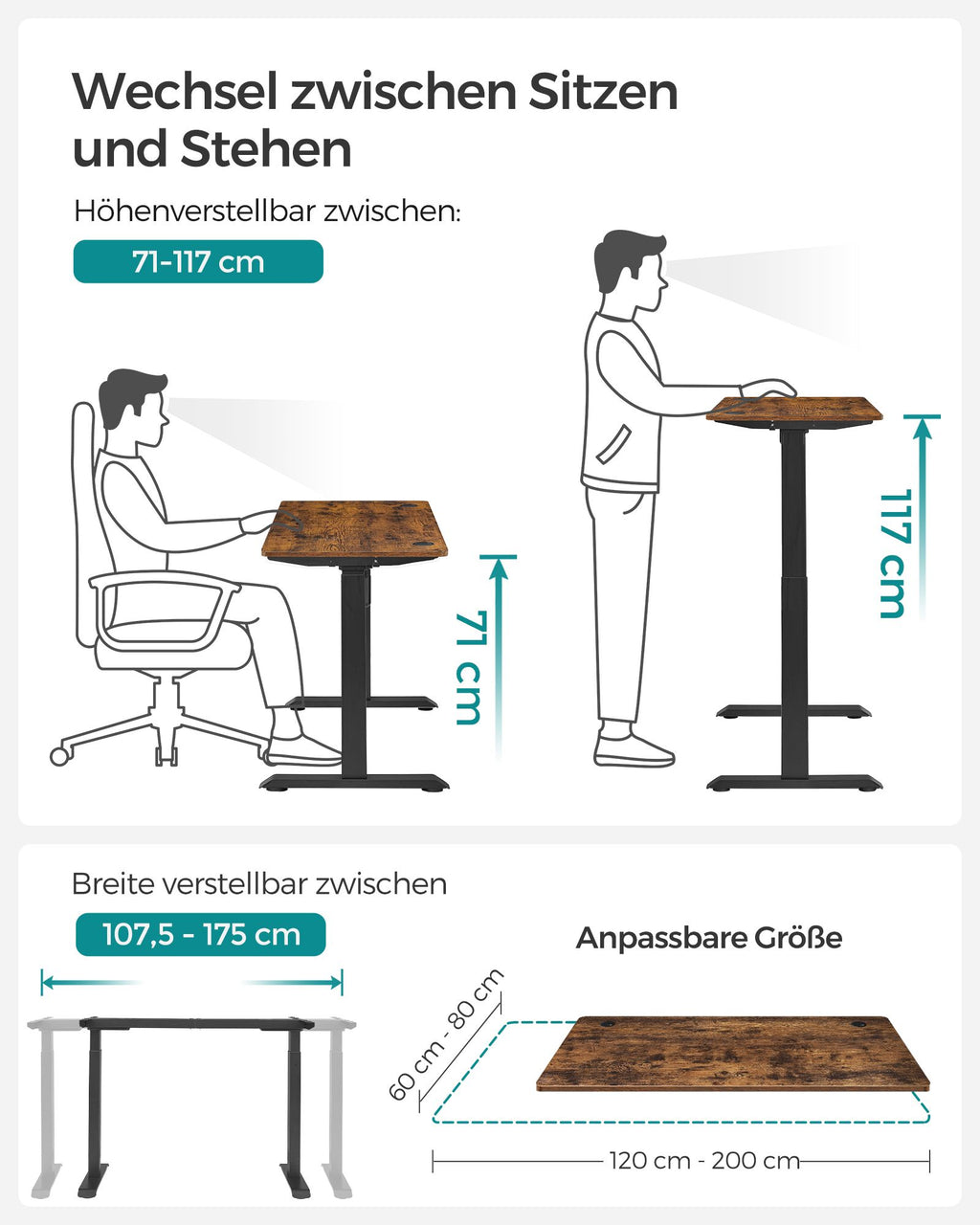 Höhenverstellbarer Schreibtisch elektrisch 60 x 120 cm