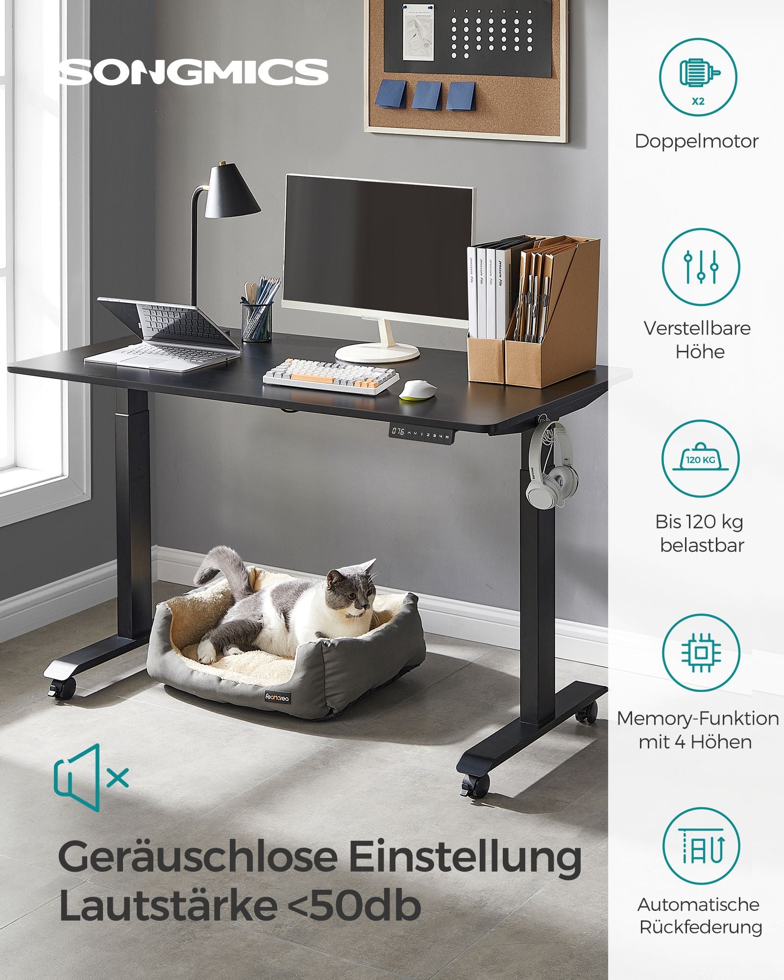 Höhenverstellbarer Schreibtisch elektrisch, 70 x 140 cm schwarz