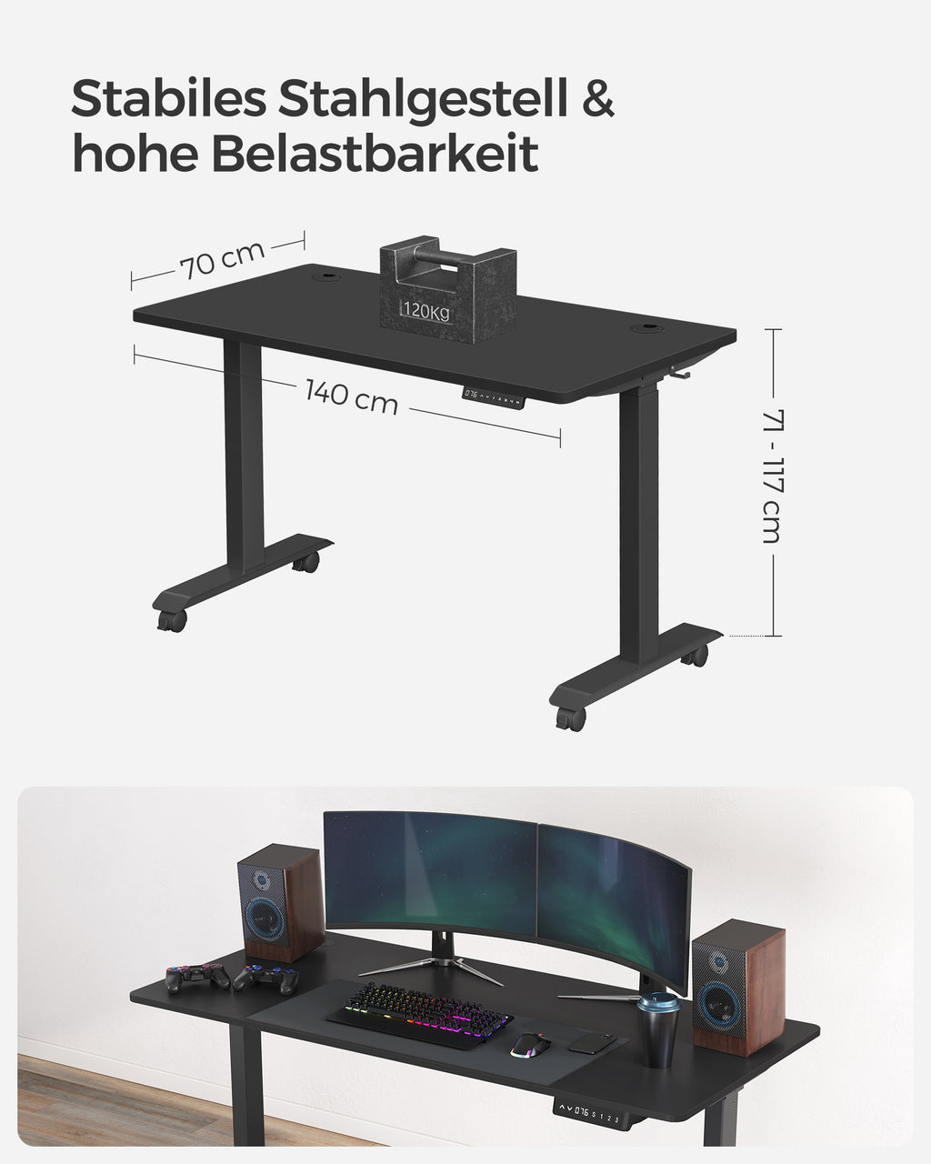 Höhenverstellbarer Schreibtisch elektrisch, 70 x 140 cm schwarz