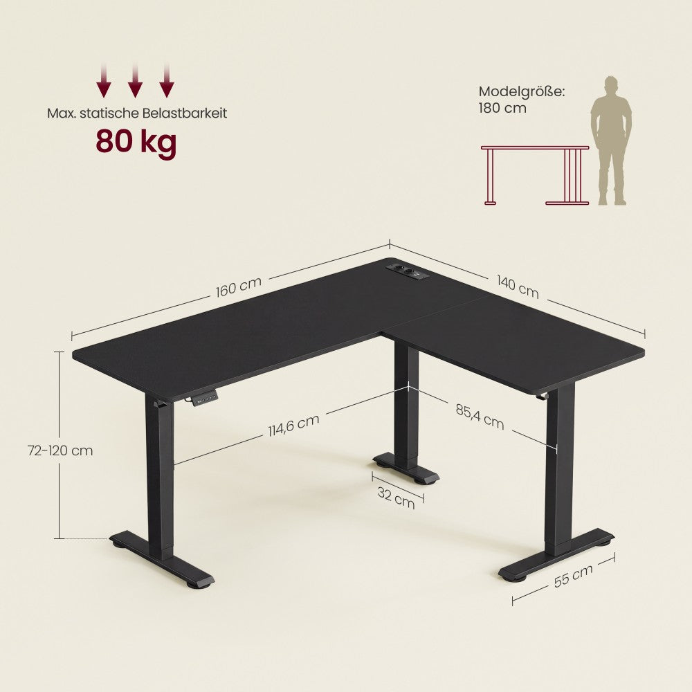Schreibtisch höhenverstellbar 160 x 140 cm L-förmig mit Steckdosen tintenschwarz