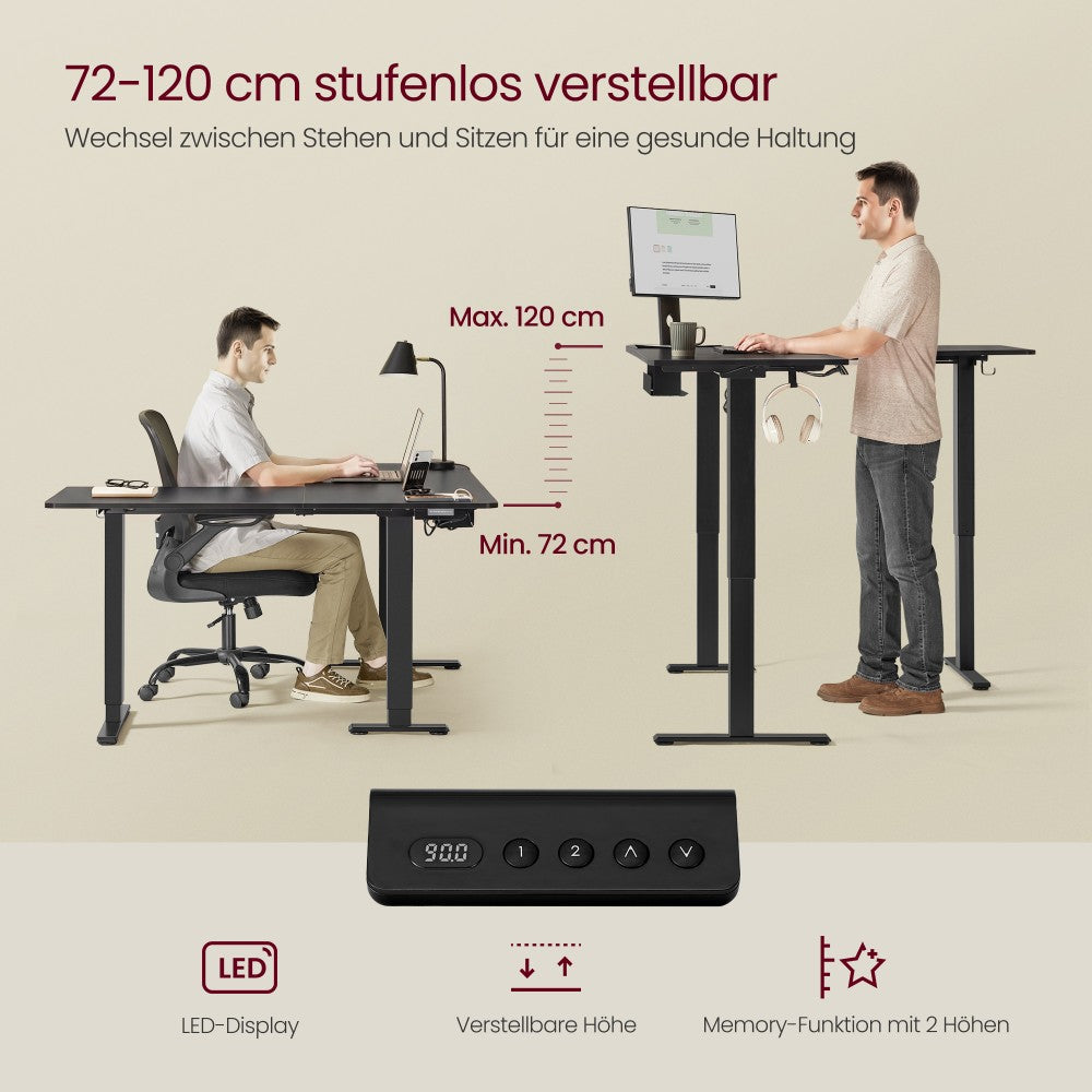 Schreibtisch höhenverstellbar 160 x 140 cm L-förmig mit Steckdosen tintenschwarz