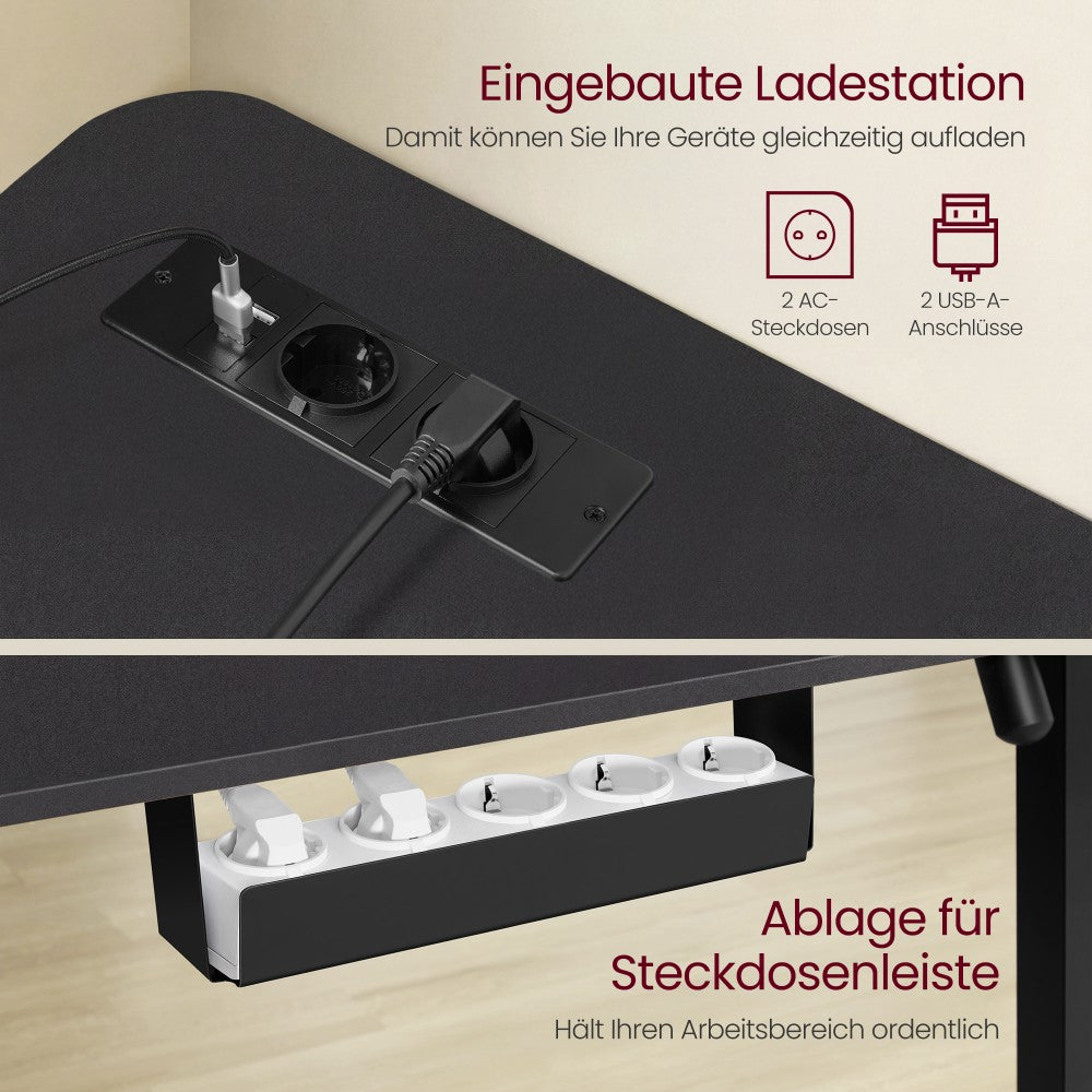 Schreibtisch höhenverstellbar 160 x 140 cm L-förmig mit Steckdosen tintenschwarz