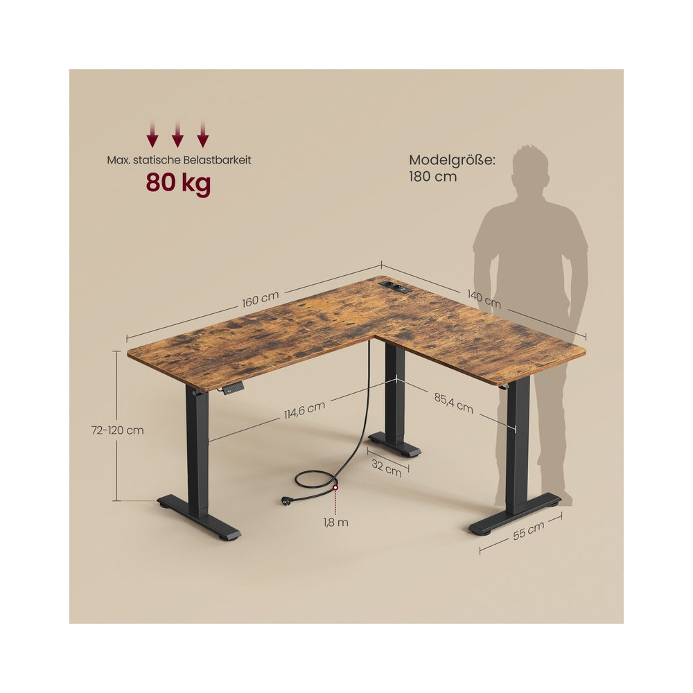 Höhenverstellbarer Schreibtisch  in L-Form 140 x 160 cm vintagebraun-tintenschwarz