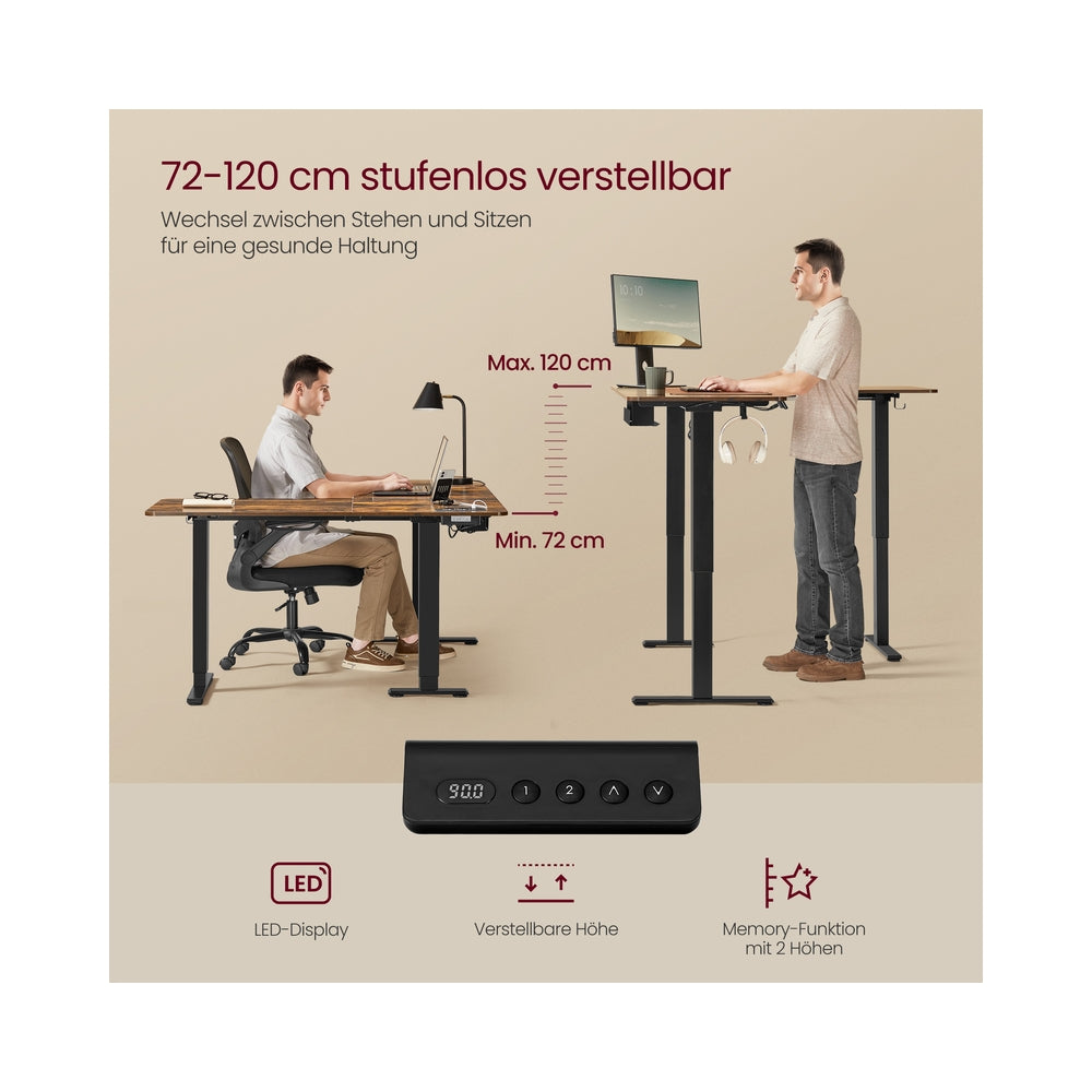 Höhenverstellbarer Schreibtisch  in L-Form 140 x 160 cm vintagebraun-tintenschwarz