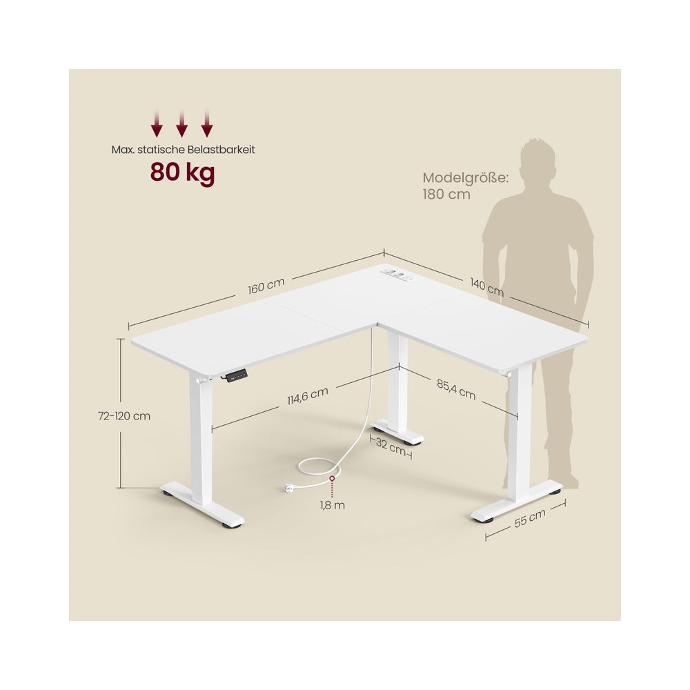 Höhenverstellbarer Schreibtisch  in L-Form 140 x 160 cm wolkenweiß-mattweiß