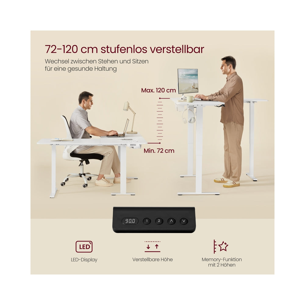 Höhenverstellbarer Schreibtisch  in L-Form 140 x 160 cm wolkenweiß-mattweiß