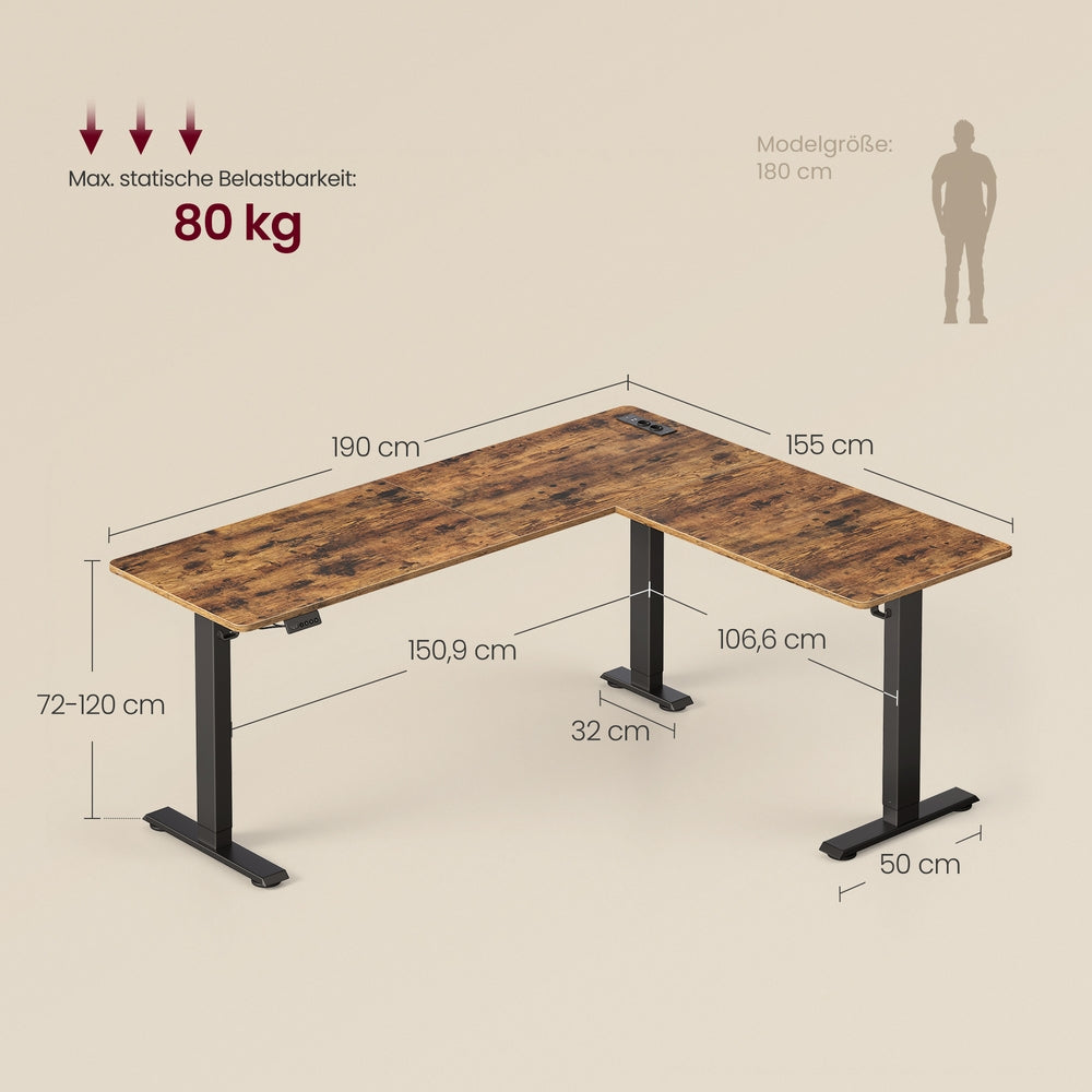 Höhenverstellbarer Schreibtisch, 190 x 155 cm, L-förmiger Eckschreibtisch, Stehtisch