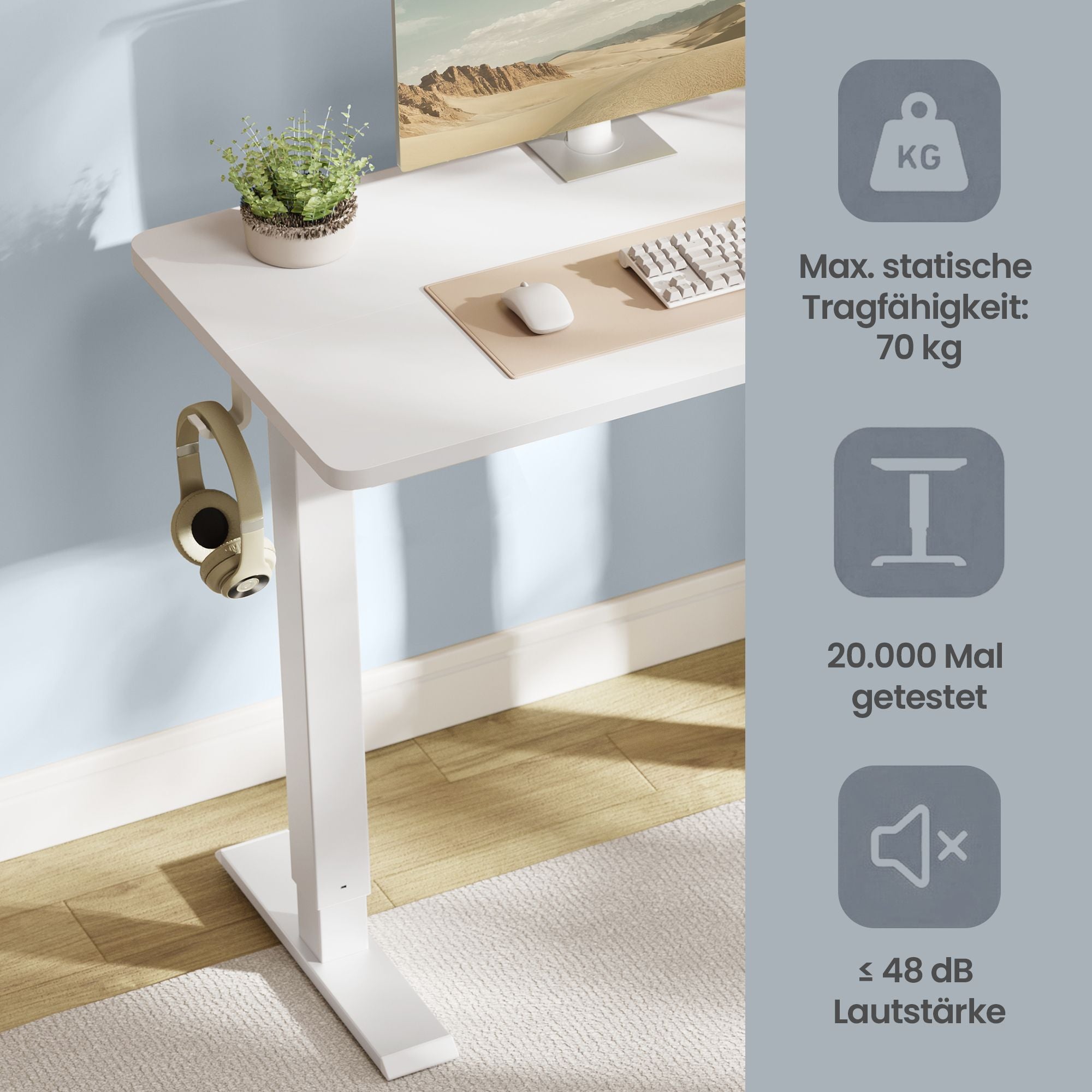 Elektrischer Höhenverstellbarer Schreibtisch mit Memory-Funktion und Erinnerung, 80 x 50 cm, Weiß
