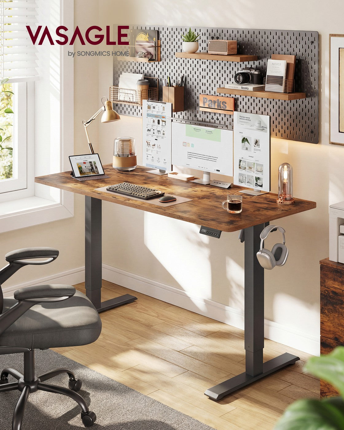 Höhenverstellbarer Schreibtisch, Memory-Funktion mit 4 Höhen vintagebraun
