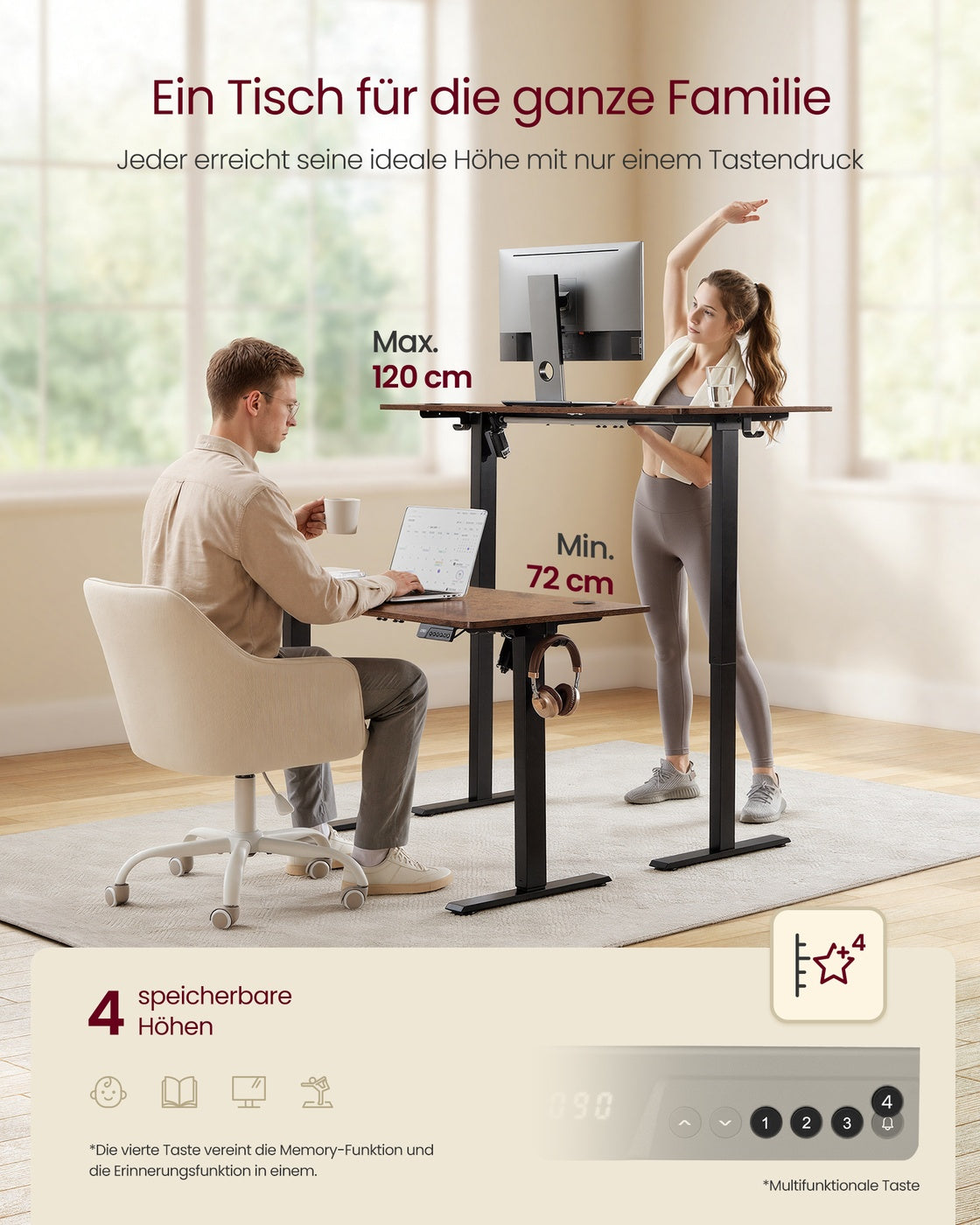 Höhenverstellbarer Schreibtisch, Memory-Funktion mit 4 Höhen vintagebraun