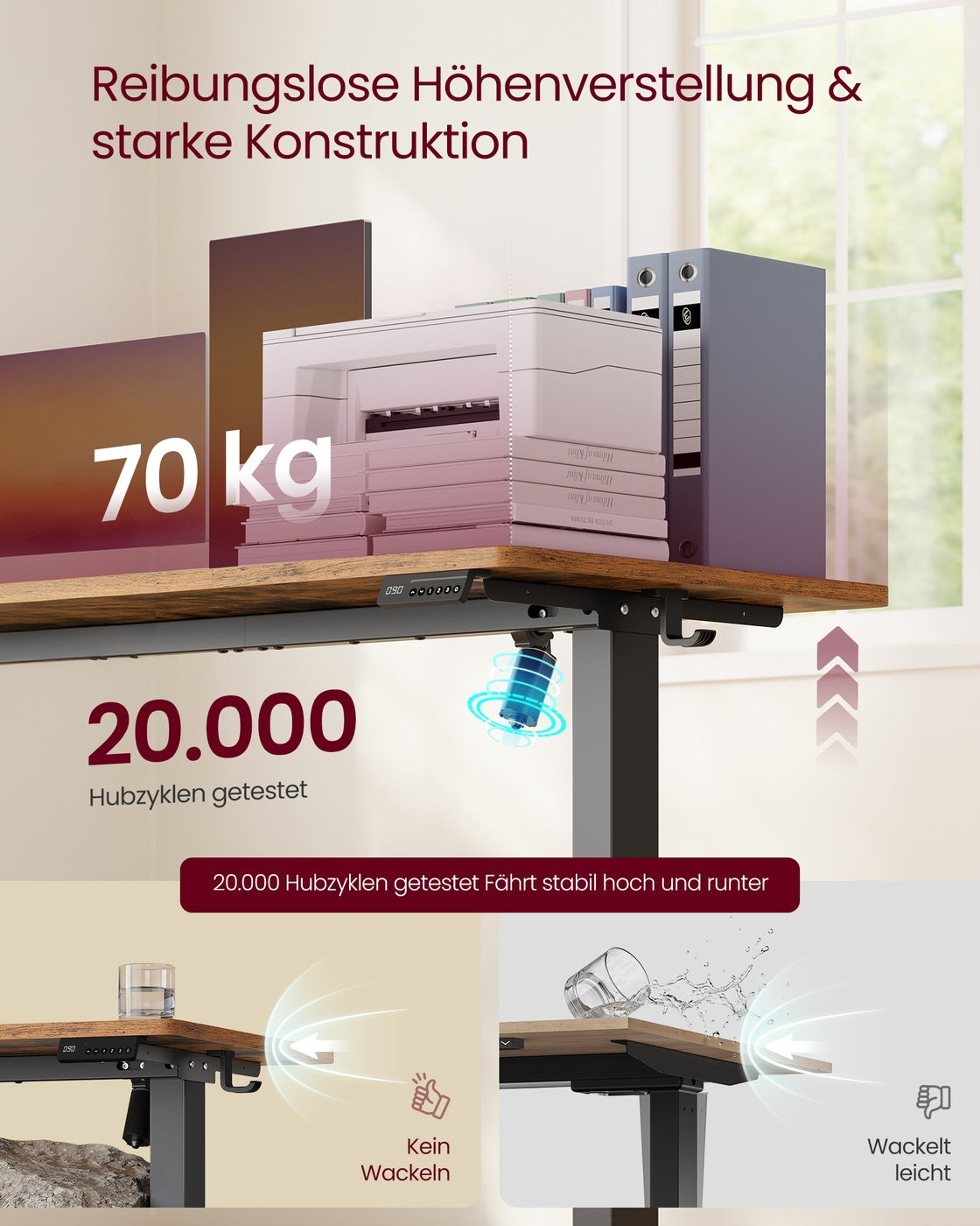 Höhenverstellbarer Schreibtisch, Memory-Funktion mit 4 Höhen vintagebraun