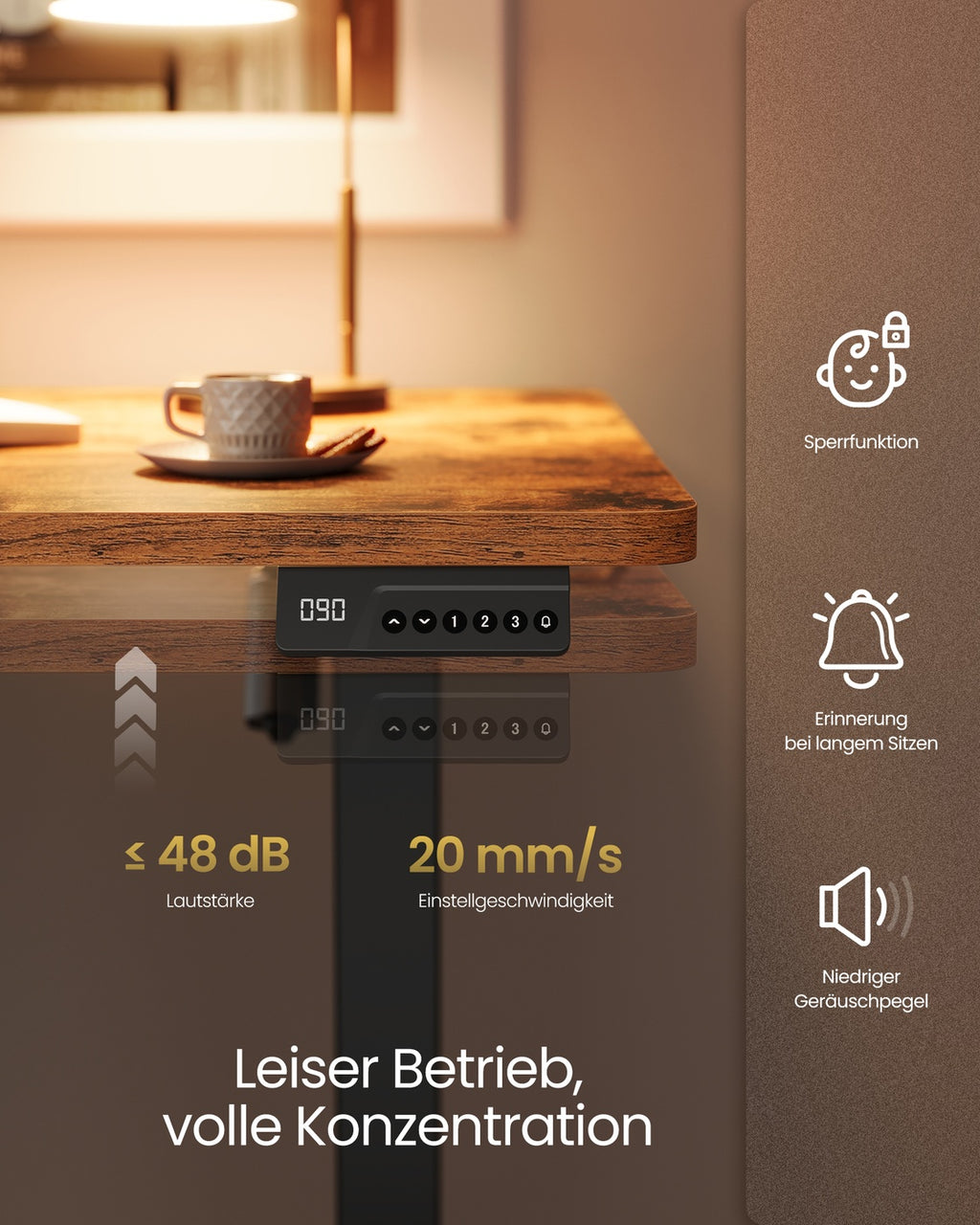 Höhenverstellbarer Schreibtisch, Memory-Funktion mit 4 Höhen vintagebraun