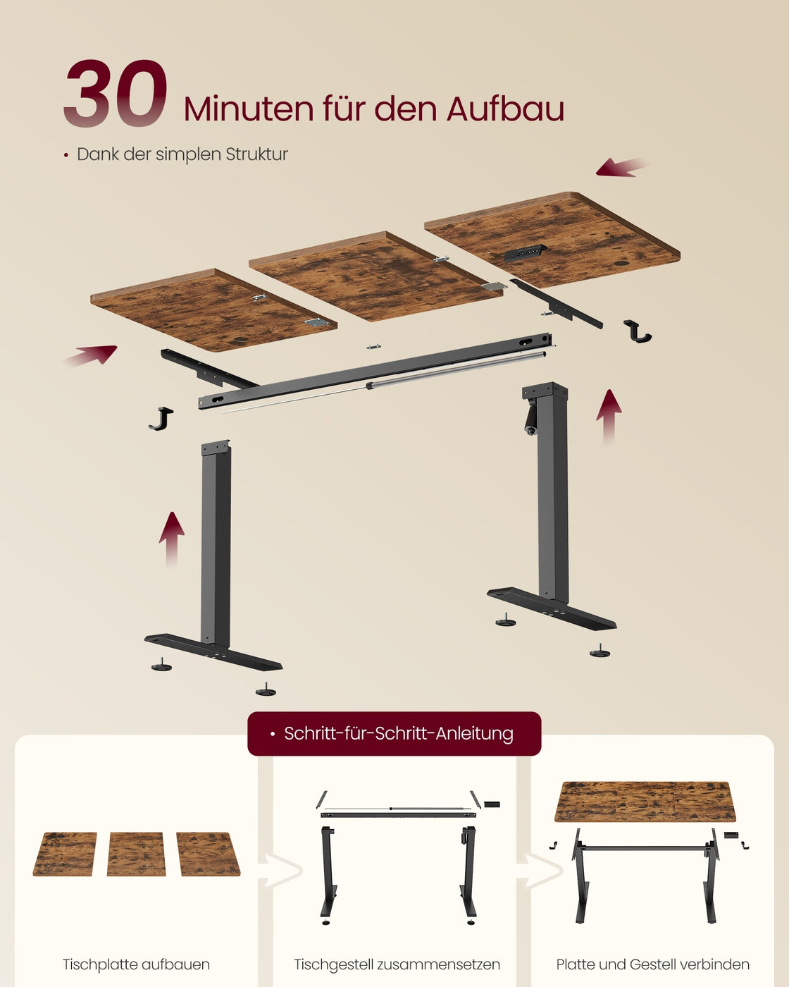 Höhenverstellbarer Schreibtisch, Memory-Funktion mit 4 Höhen vintagebraun