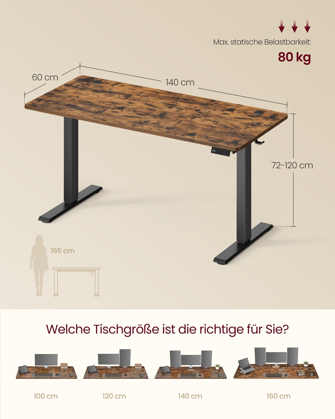 Höhenverstellbarer Schreibtisch, Memory-Funktion mit 4 Höhen vintagebraun