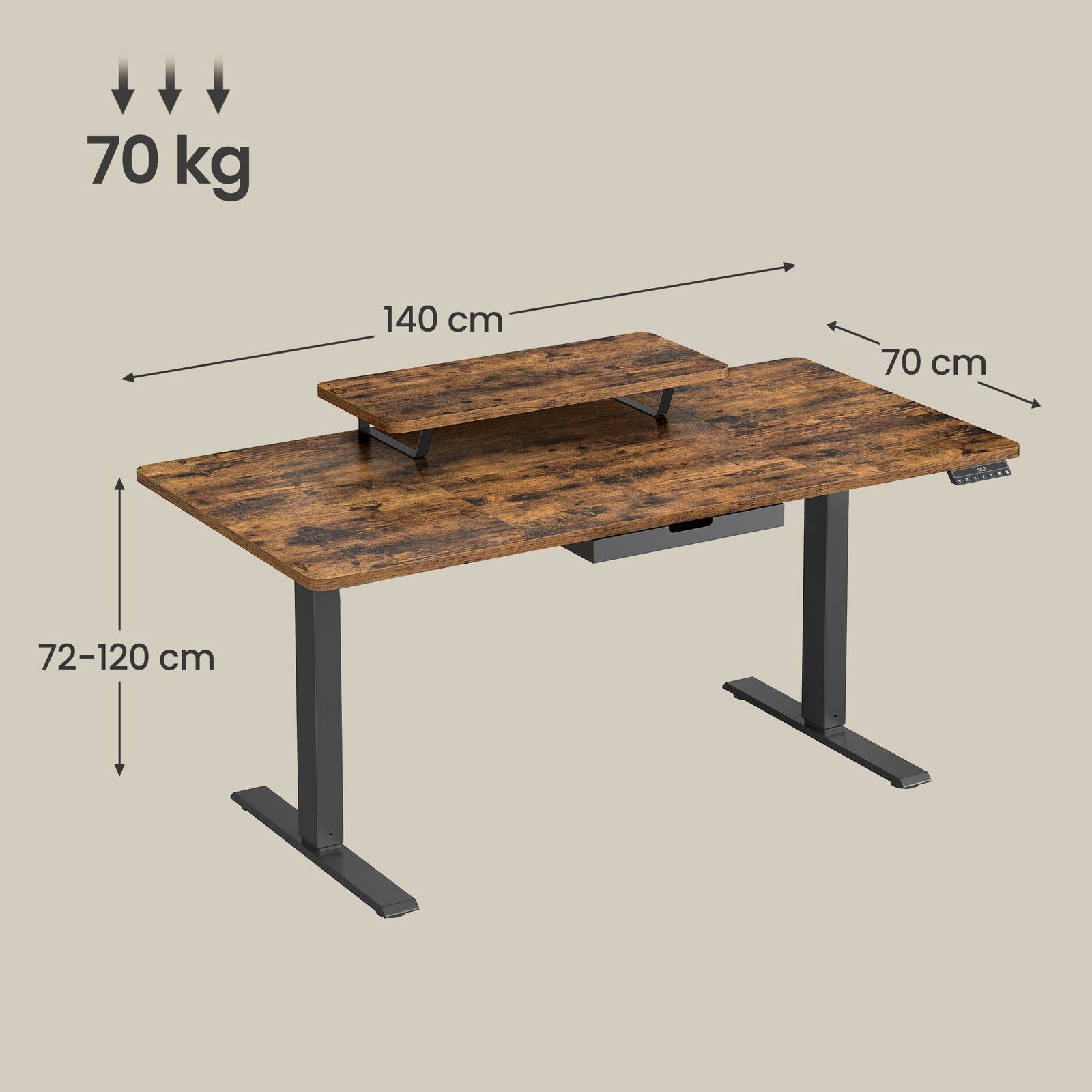 Höhenverstellbarer Schreibtisch,  140 x 70 cm, Monitorständer