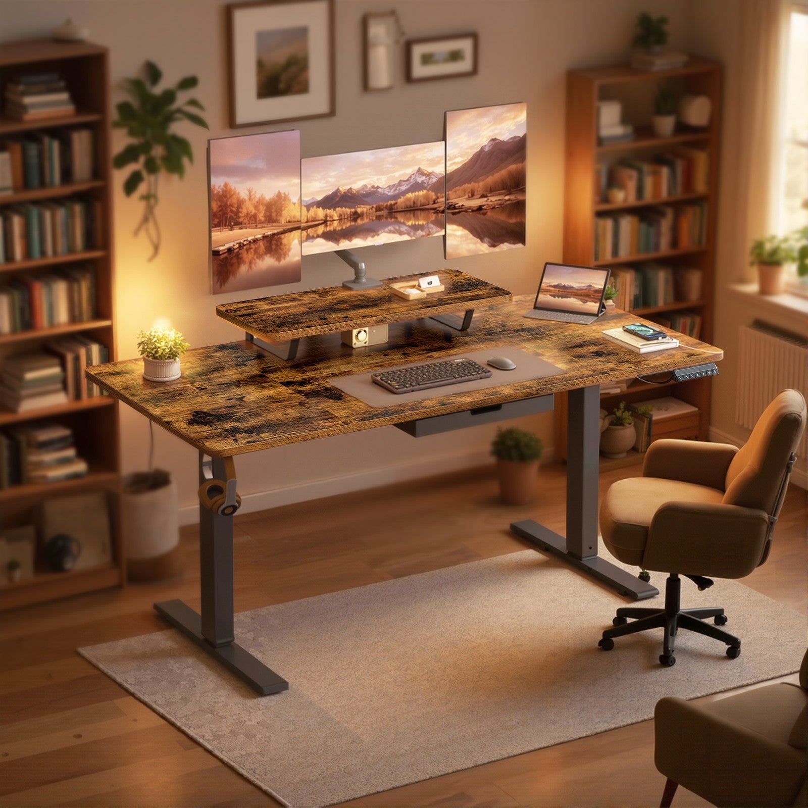 Höhenverstellbarer Schreibtisch,  140 x 70 cm, Monitorständer