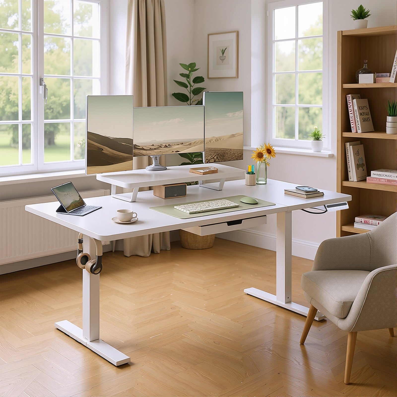 Höhenverstellbarer Schreibtisch,  140 x 70 cm, Monitorständer