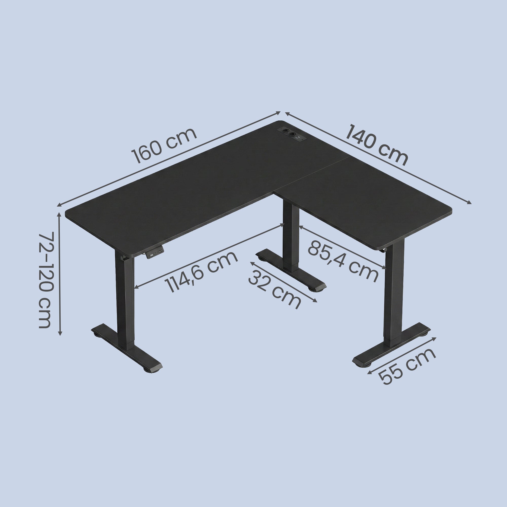 L-förmiger Eckschreibtisch, Höhenverstellbarer Schreibtisch, 160 x 140 cm