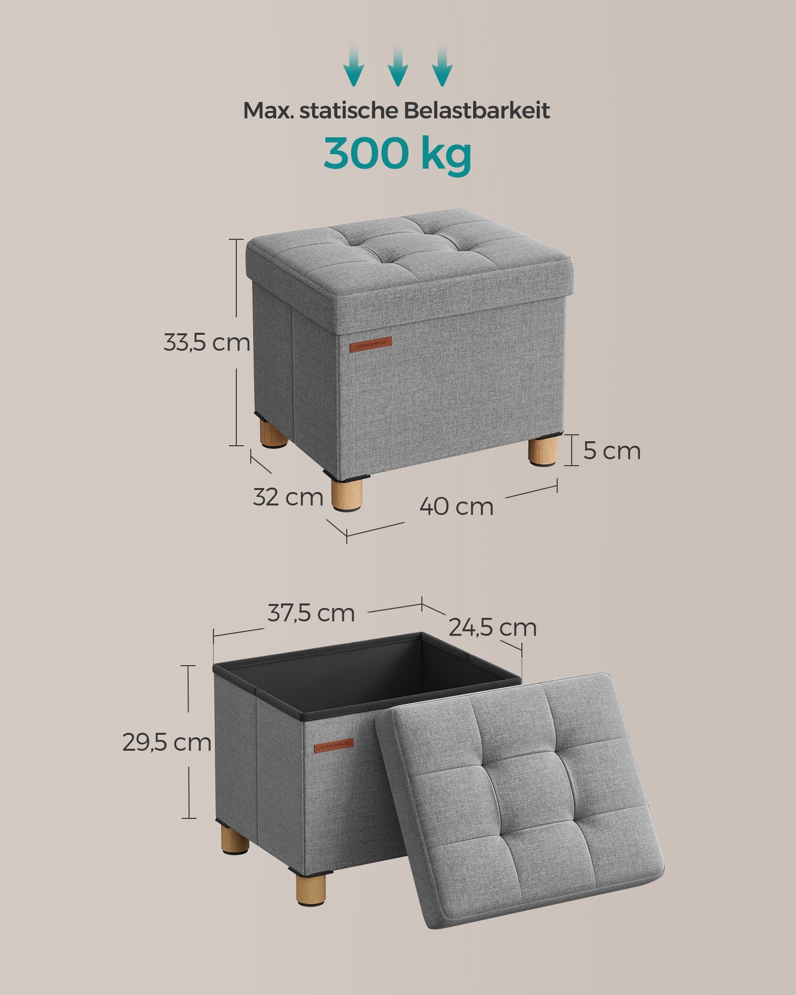 Klappbarer Sitzhocker mit Stauraum 32 x 40 cm taubengrau
