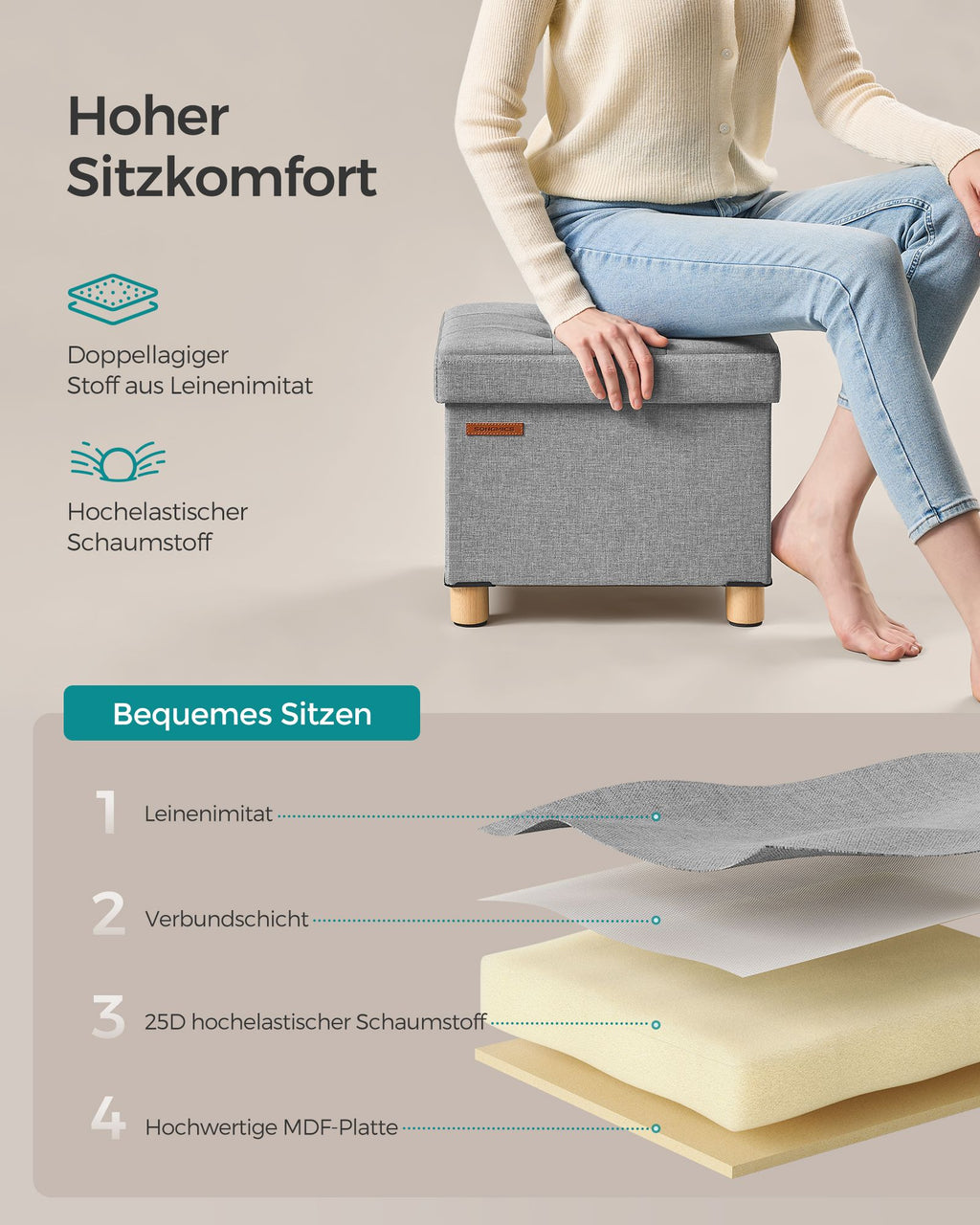 Klappbarer Sitzhocker mit Stauraum 32 x 40 cm taubengrau