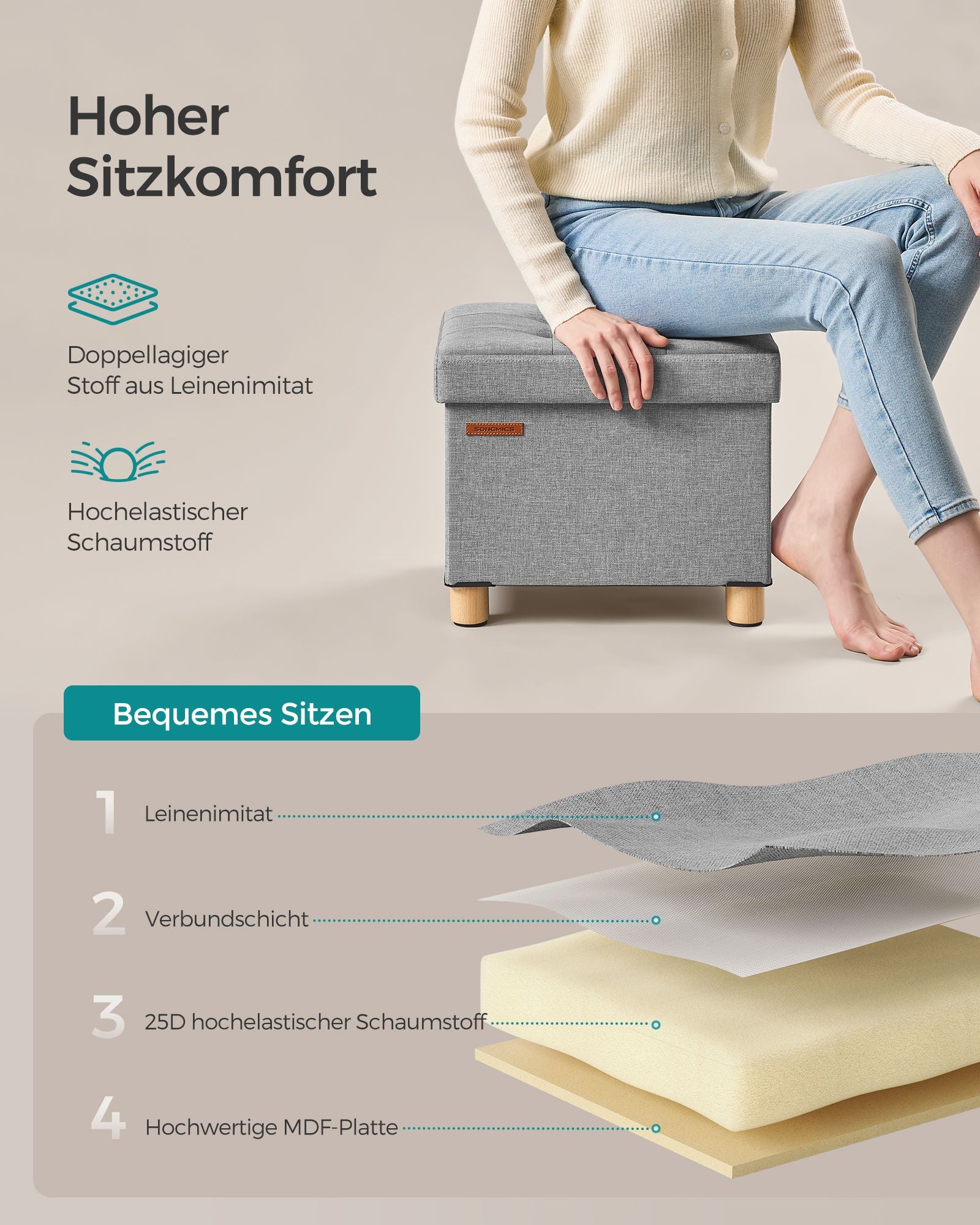 Klappbarer Sitzhocker mit Stauraum 32 x 40 cm taubengrau
