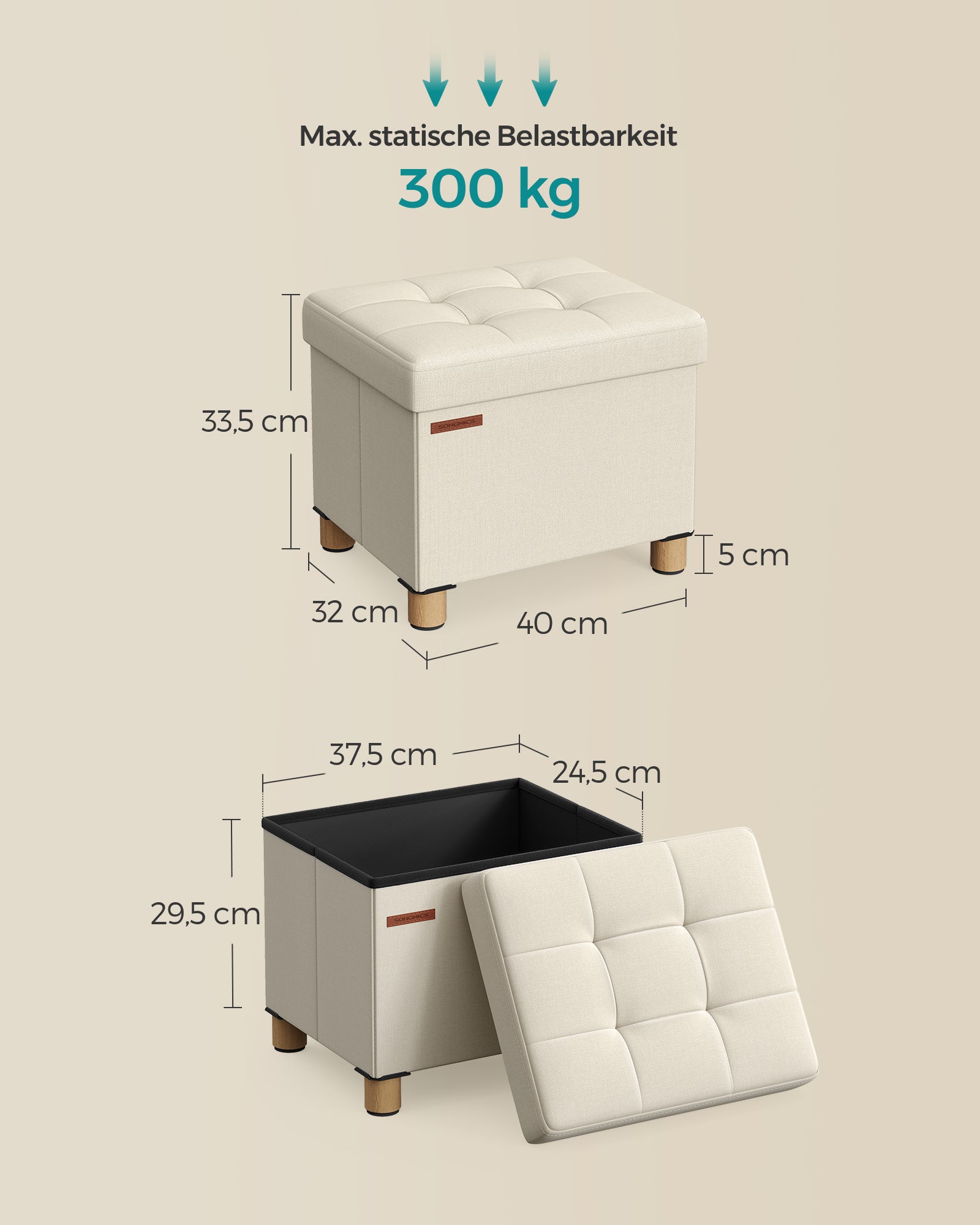 Sitzhocker mit Stauraum bis 300 kg belastbar cremeweiß