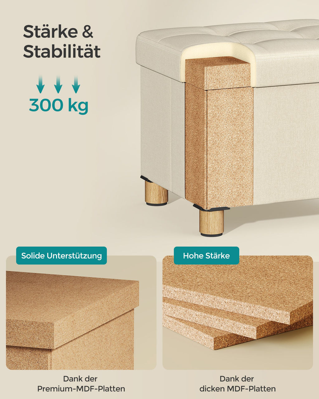 Sitzhocker mit Stauraum bis 300 kg belastbar cremeweiß