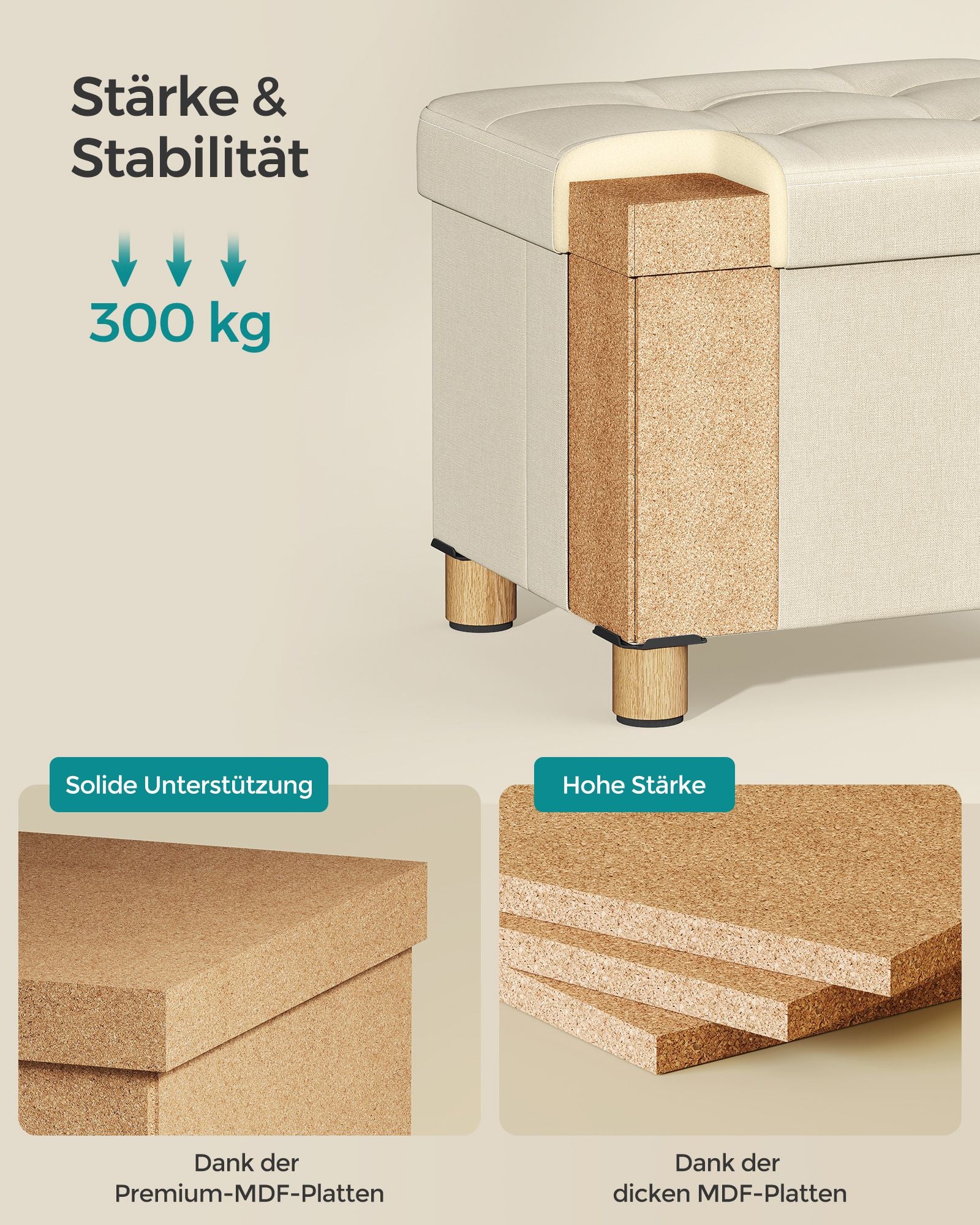 Sitzhocker mit Stauraum bis 300 kg belastbar cremeweiß