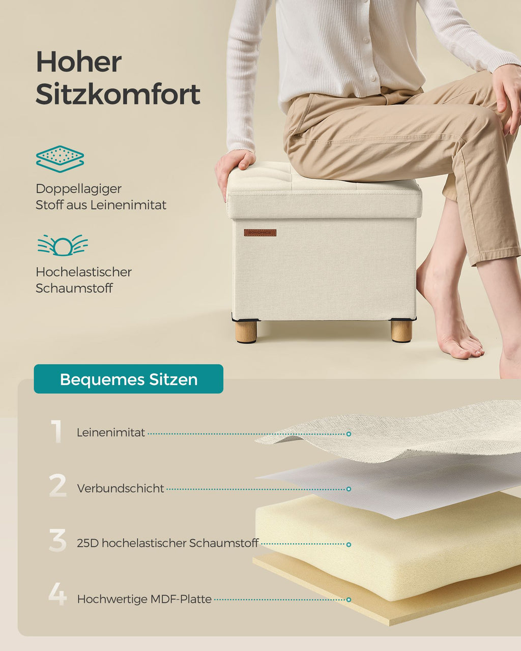 Sitzhocker mit Stauraum bis 300 kg belastbar cremeweiß