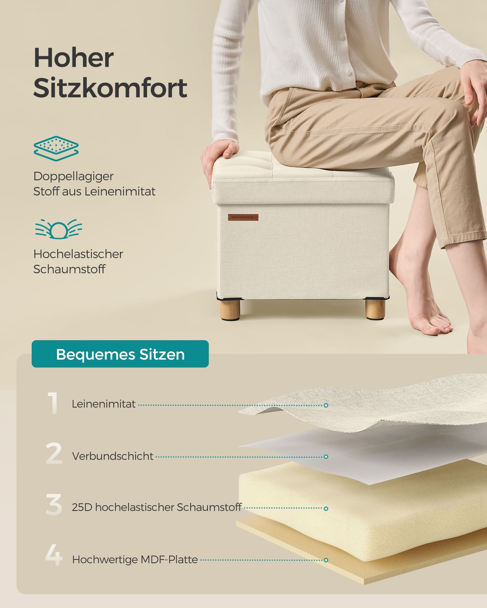 Sitzhocker mit Stauraum bis 300 kg belastbar cremeweiß