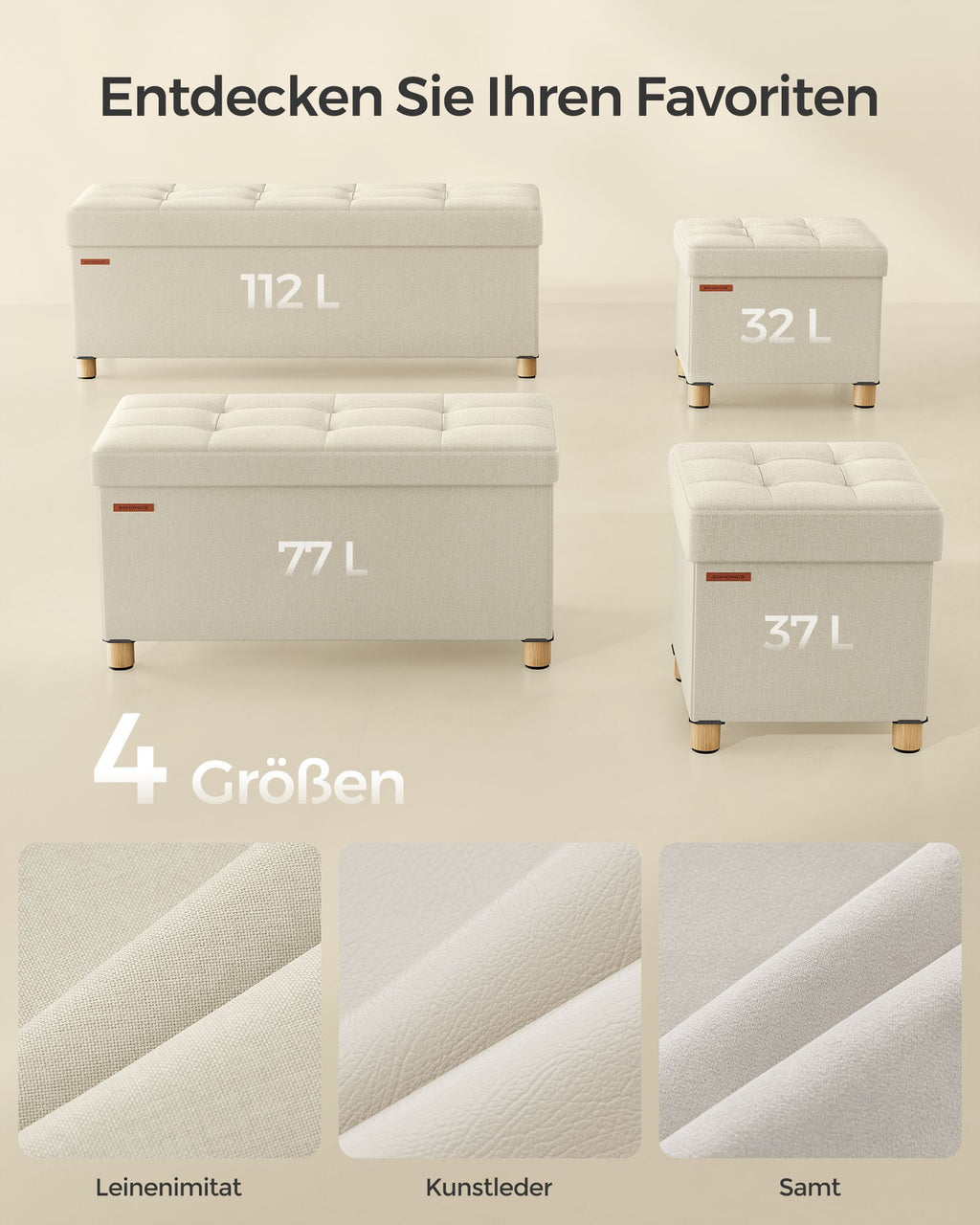 Sitzhocker mit Stauraum bis 300 kg belastbar cremeweiß
