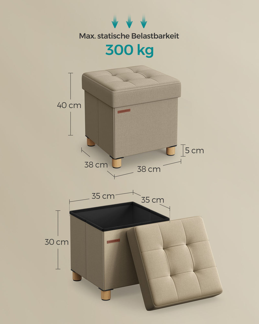 Klappbarer Sitzhocker mit Stauraum 38 x 38 cm kamelbraun