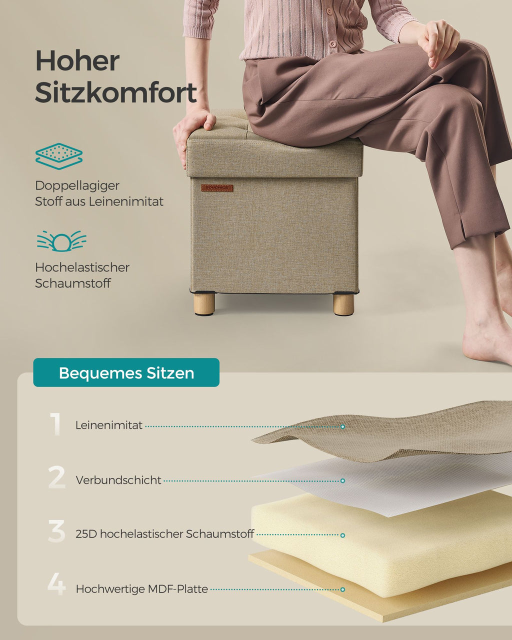 Klappbarer Sitzhocker mit Stauraum 38 x 38 cm kamelbraun