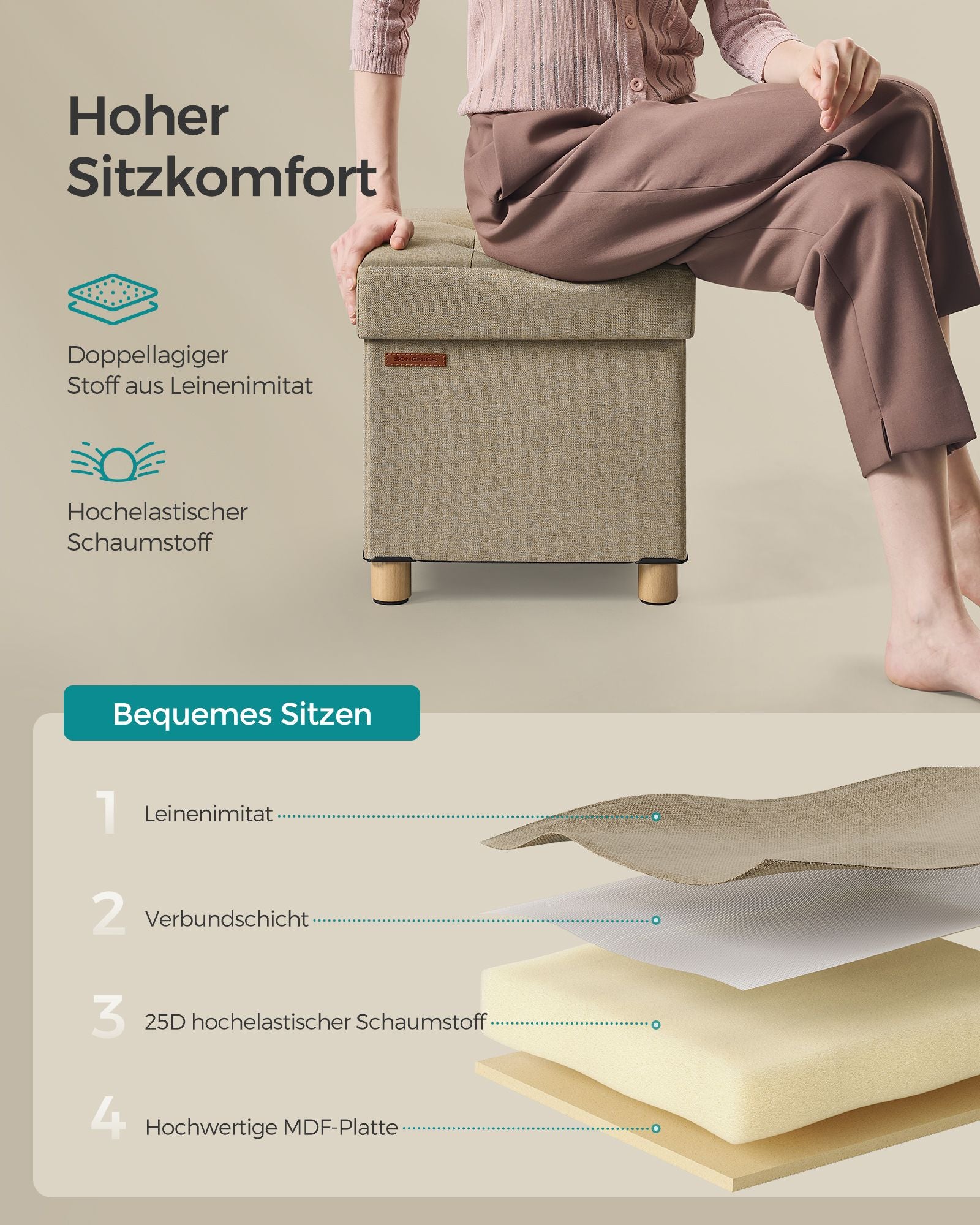 Klappbarer Sitzhocker mit Stauraum 38 x 38 cm kamelbraun