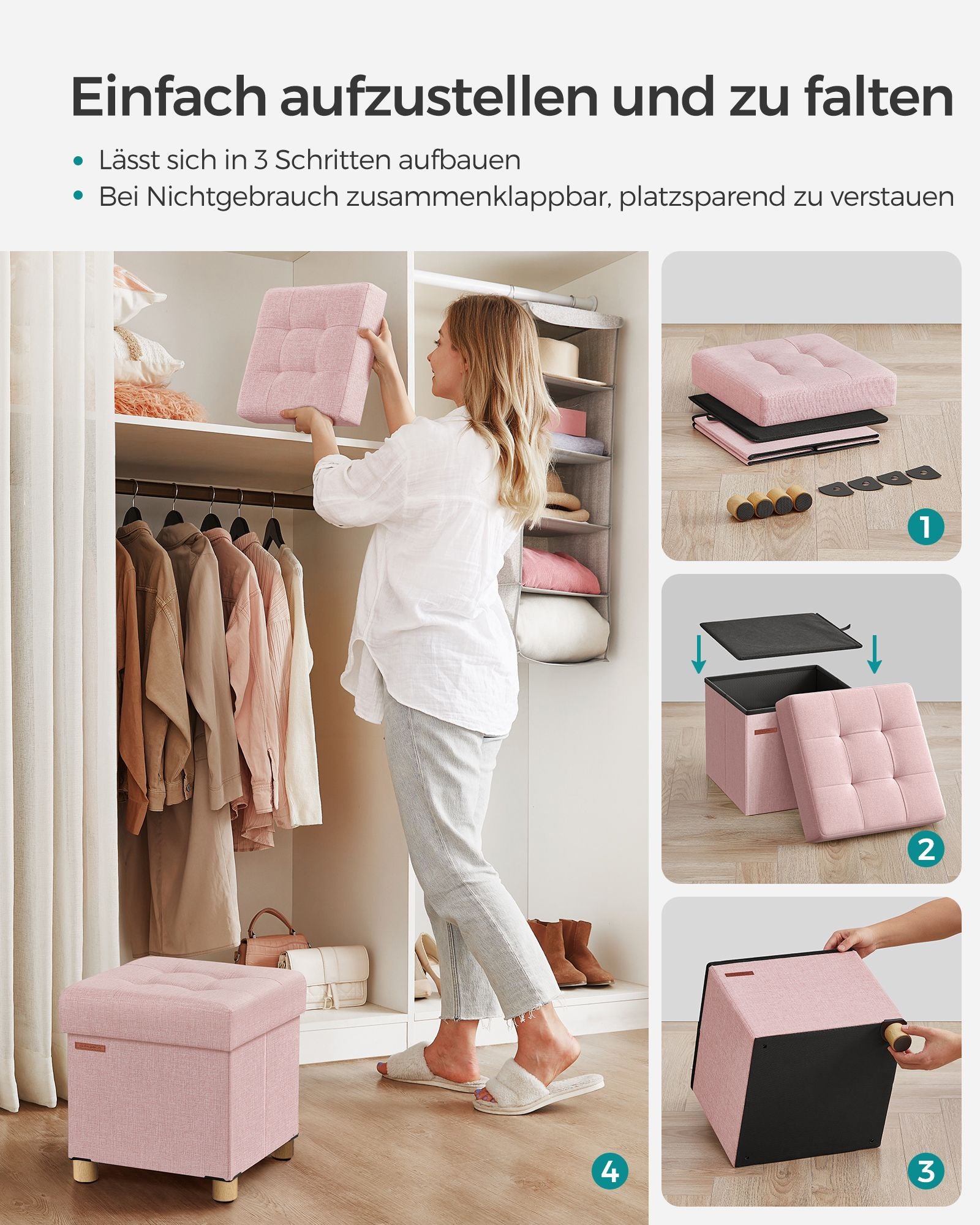 Sitzbank klappbar 38 x 38 x 40 cm mit Stauraum pastellrosa