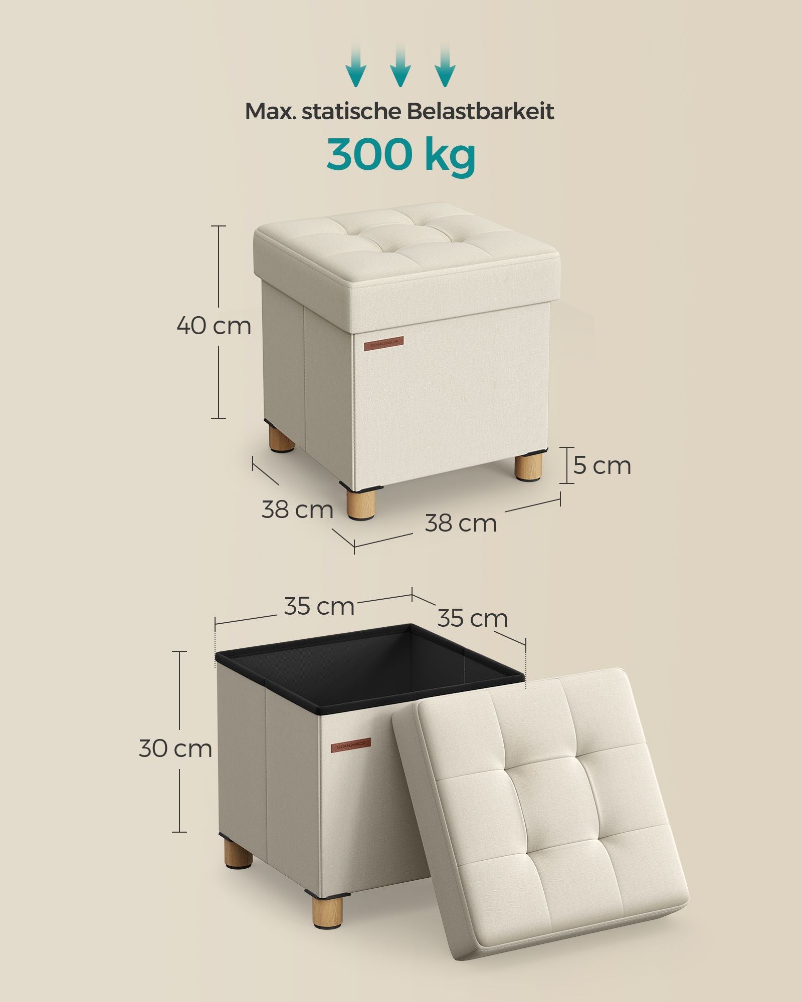 Klappbarer Sitzhocker mit Stauraum 38 x 38 cm cremeweiß