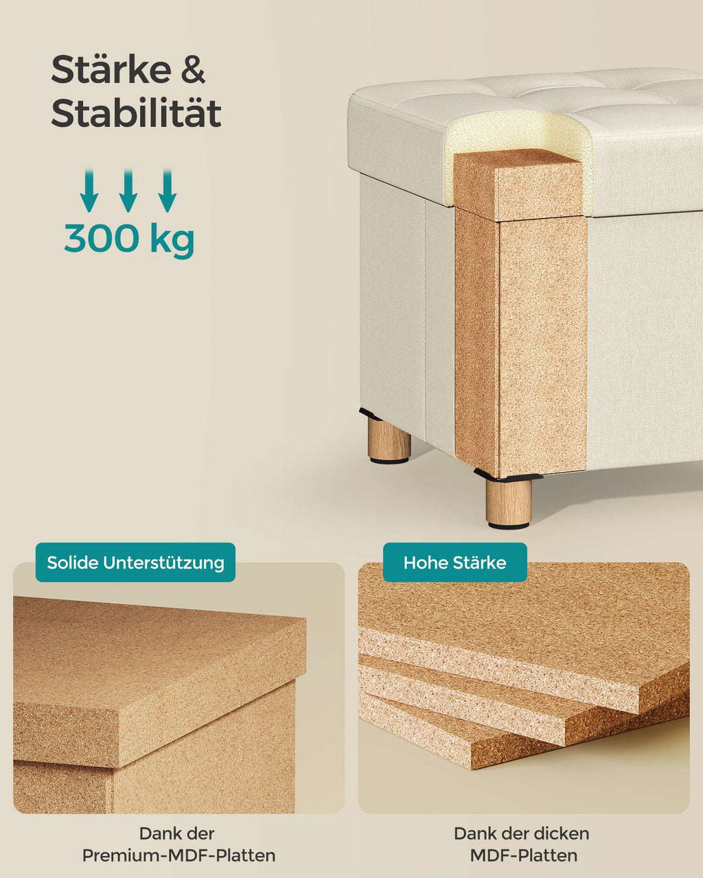 Klappbarer Sitzhocker mit Stauraum 38 x 38 cm cremeweiß