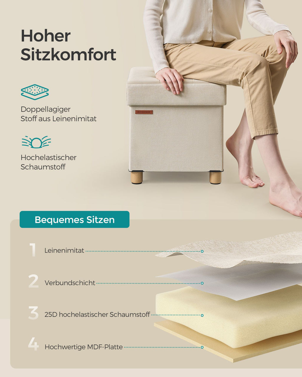 Klappbarer Sitzhocker mit Stauraum 38 x 38 cm cremeweiß