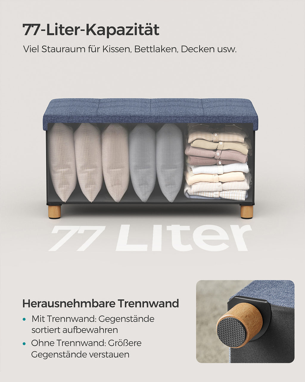Sitzbank klappbar 38 x 76 x 40 cm mit Stauraum helldenimblau