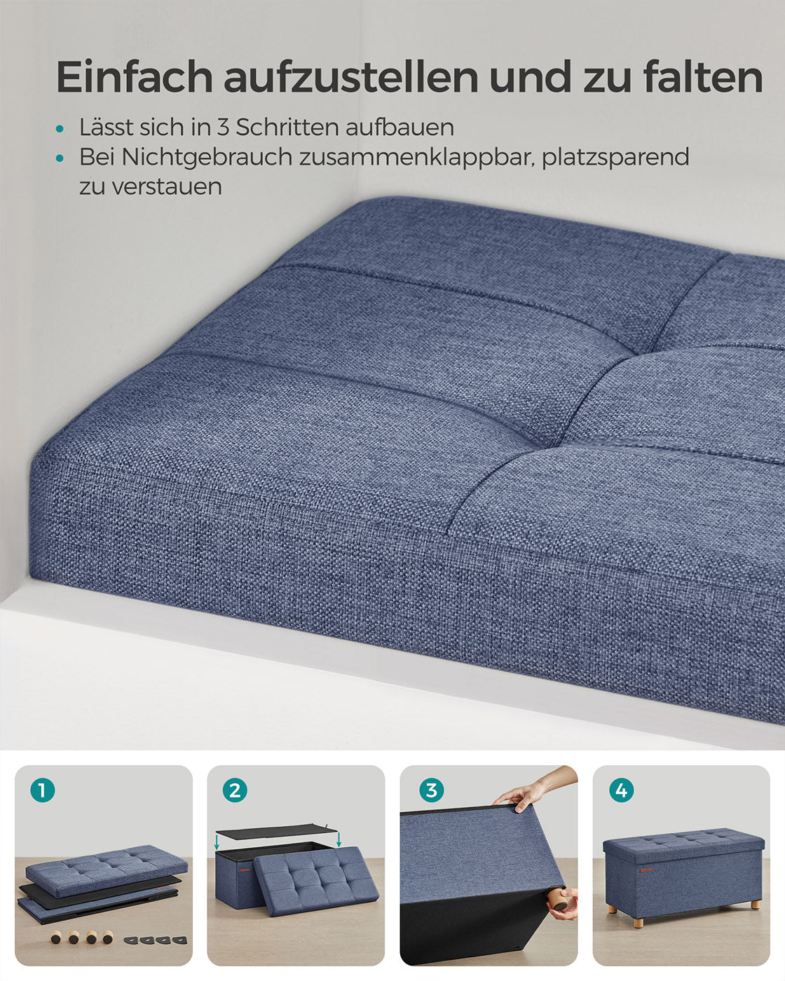 Sitzbank klappbar 38 x 76 x 40 cm mit Stauraum helldenimblau